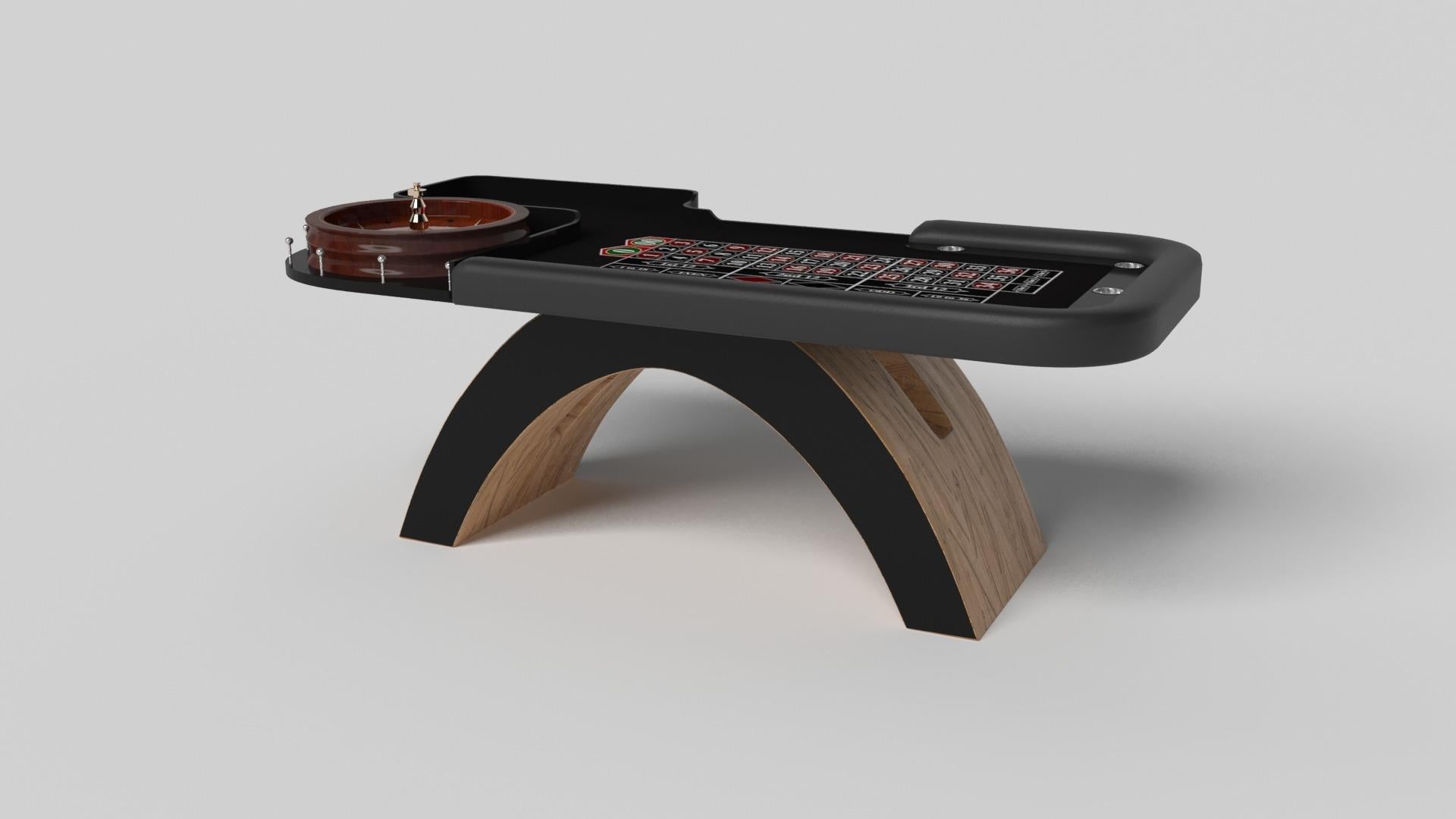 An open, arched base balances beautifully against the hard edges of the rectangular surface top, making the Zenith roulette table in black and red a striking juxtaposition of modern, geometric forms. Minimalist in its appeal yet luxurious in design,