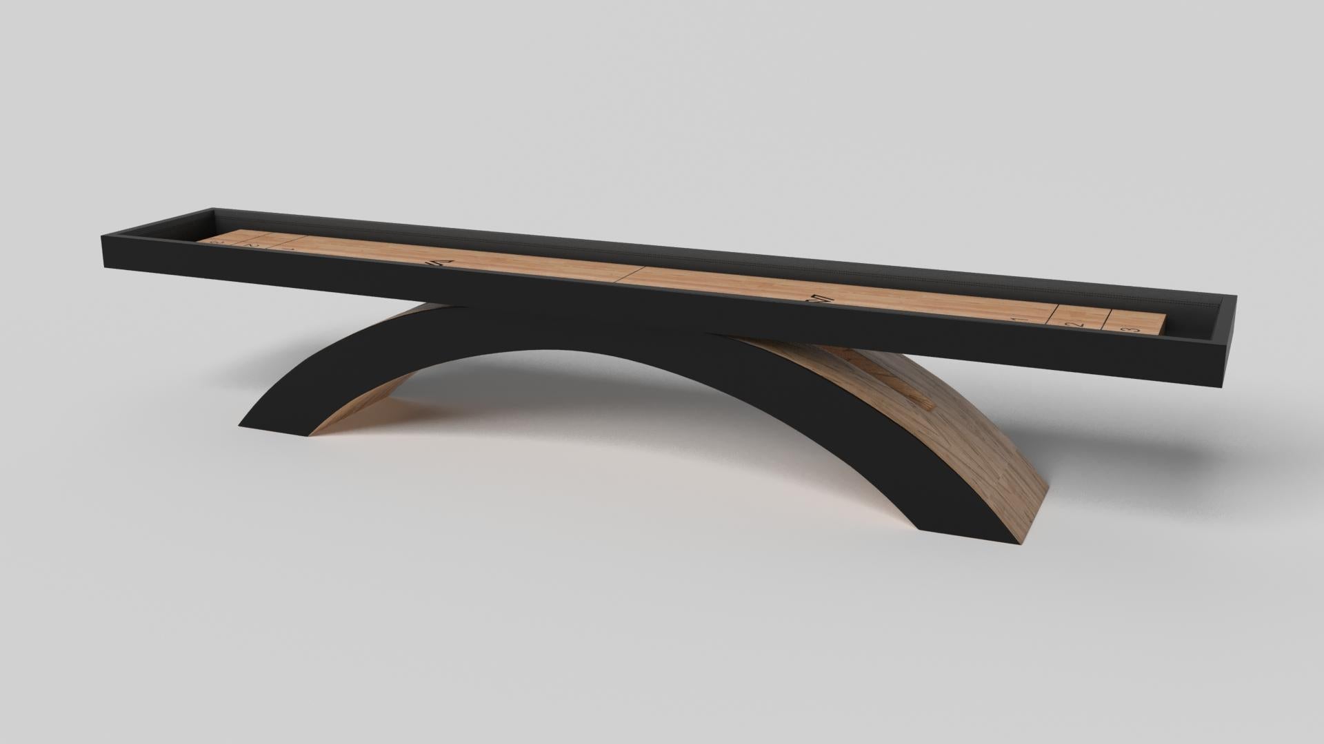 An open, arched base balances beautifully against the hard edges of the rectangular surface top, making the Zenith shuffleboard table in black with red a striking juxtaposition of modern, geometric forms. Minimalist in its appeal yet luxurious in