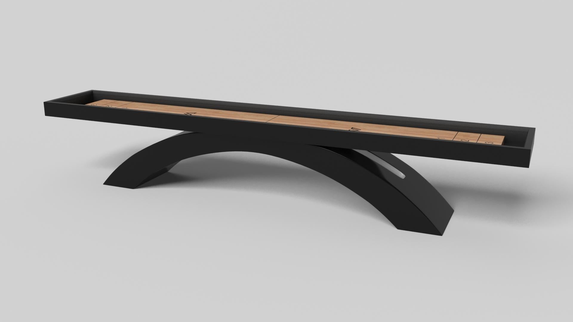 An open, arched base balances beautifully against the hard edges of the rectangular surface top, making the Zenith shuffleboard table in black with red a striking juxtaposition of modern, geometric forms. Minimalist in its appeal yet luxurious in
