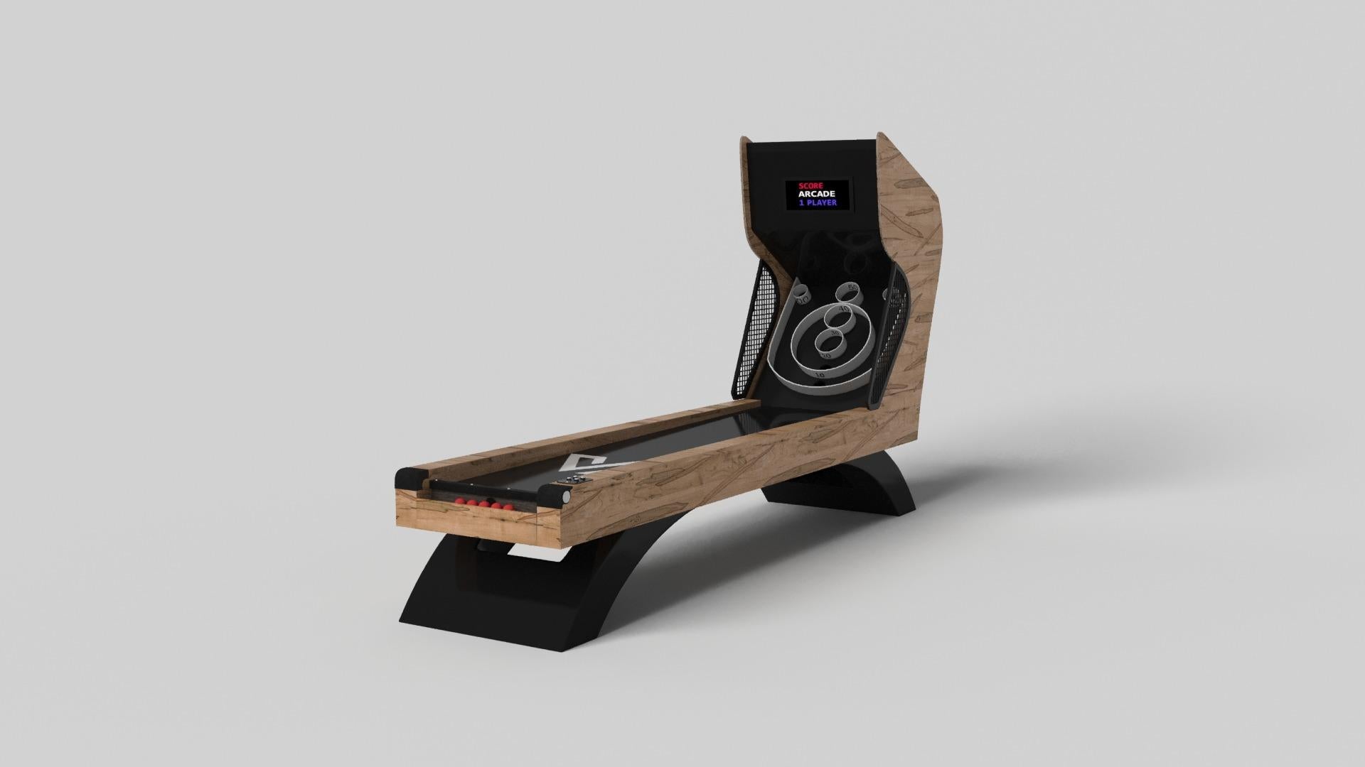 Una base abierta y arqueada se equilibra maravillosamente con los bordes duros del soporte trasero, haciendo del juego de skeeball Zenith una llamativa yuxtaposición de formas modernas y geométricas. Minimalista pero lujoso, este diseño está hecho a