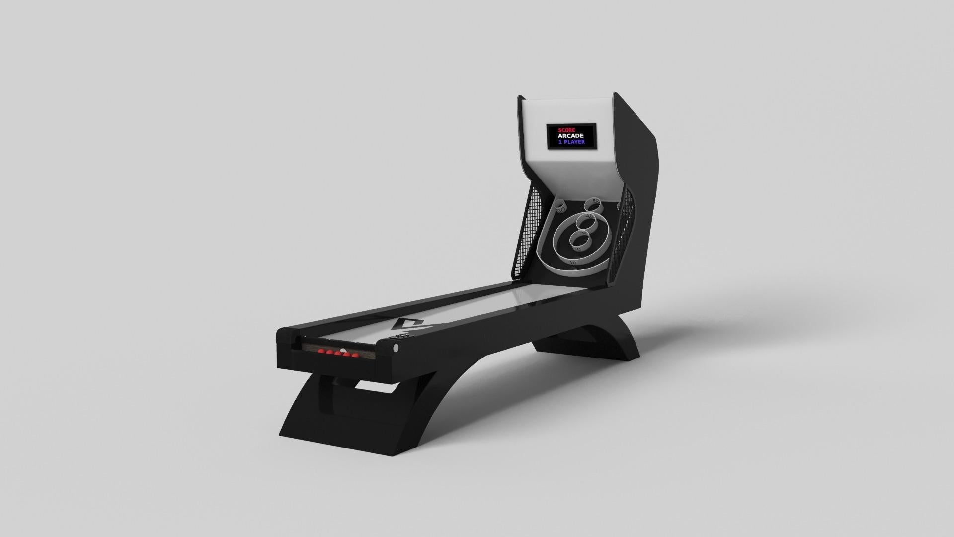 An open, arched base balances beautifully against the hard edges of the back support, making the Zenith skeeball game a striking juxtaposition of modern, geometric forms. Minimalist yet luxurious, this design is handcrafted from solid wood and