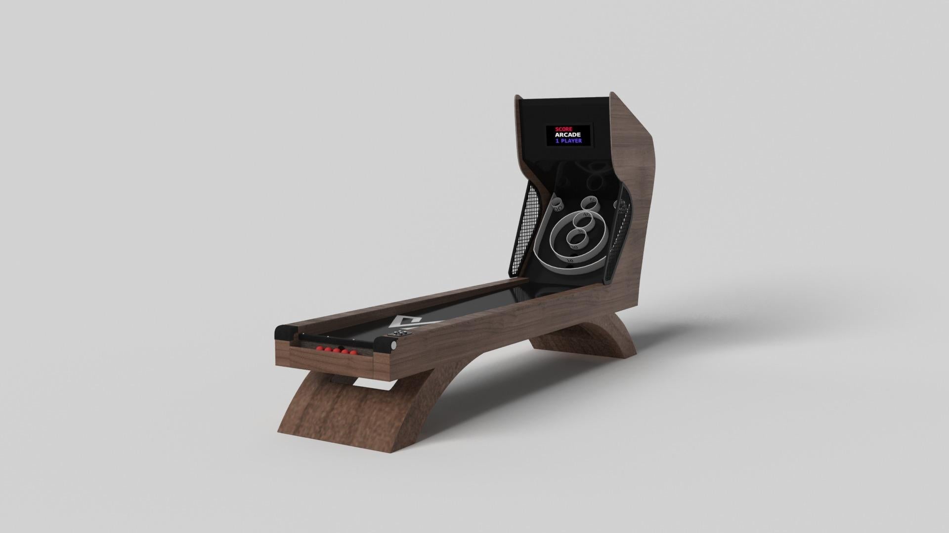 Ein offener, gewölbter Sockel bildet ein schönes Gleichgewicht zu den harten Kanten der Rückenstütze und macht das Zenith Skeeball-Spiel zu einem auffälligen Nebeneinander moderner, geometrischer Formen. Dieses minimalistische und doch luxuriöse