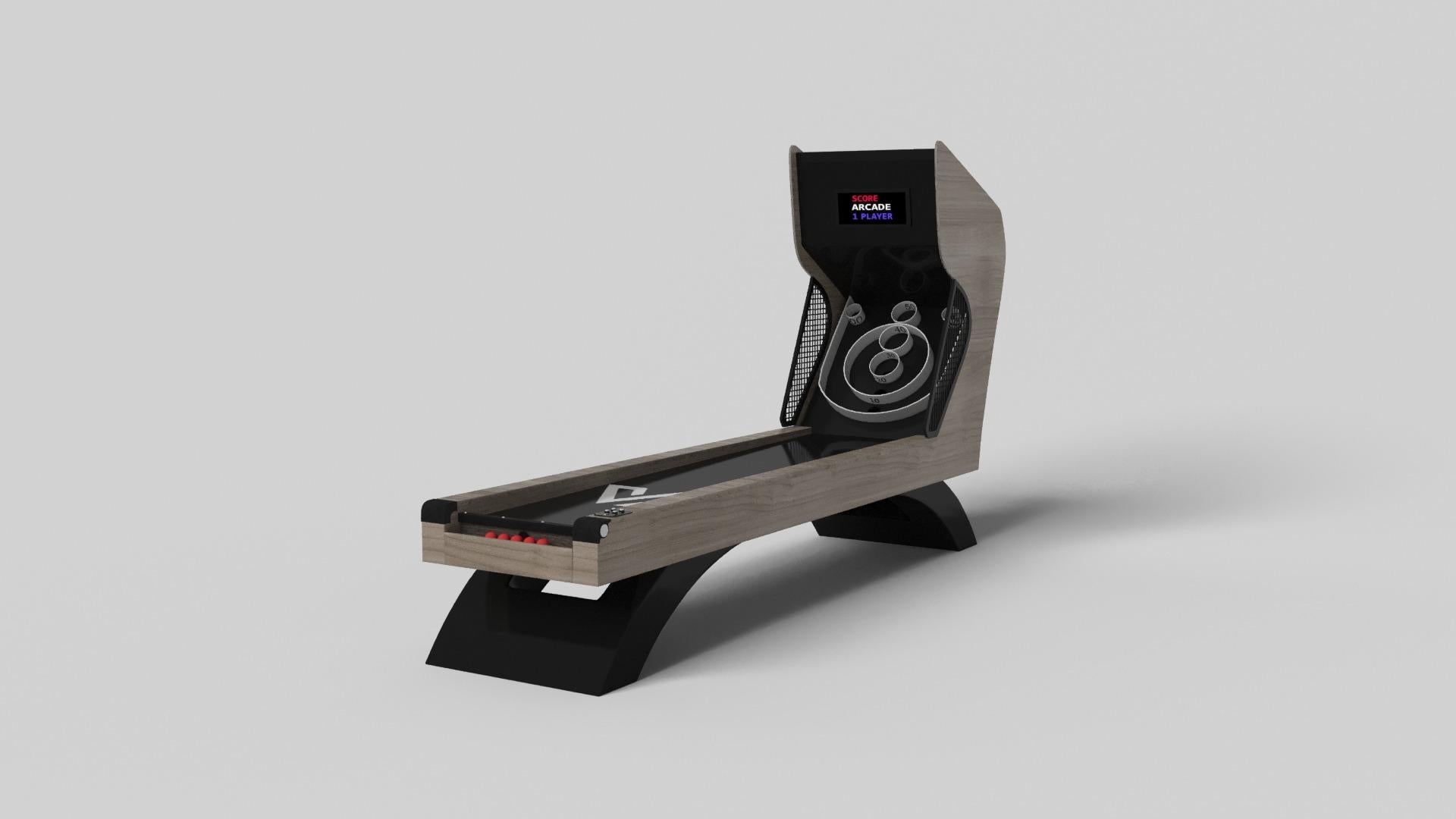 Une base ouverte et arquée s'équilibre magnifiquement avec les bords durs du support arrière, faisant du jeu de skeeball Zenith une juxtaposition frappante de formes modernes et géométriques. Minimaliste mais luxueux, ce design est fabriqué à la