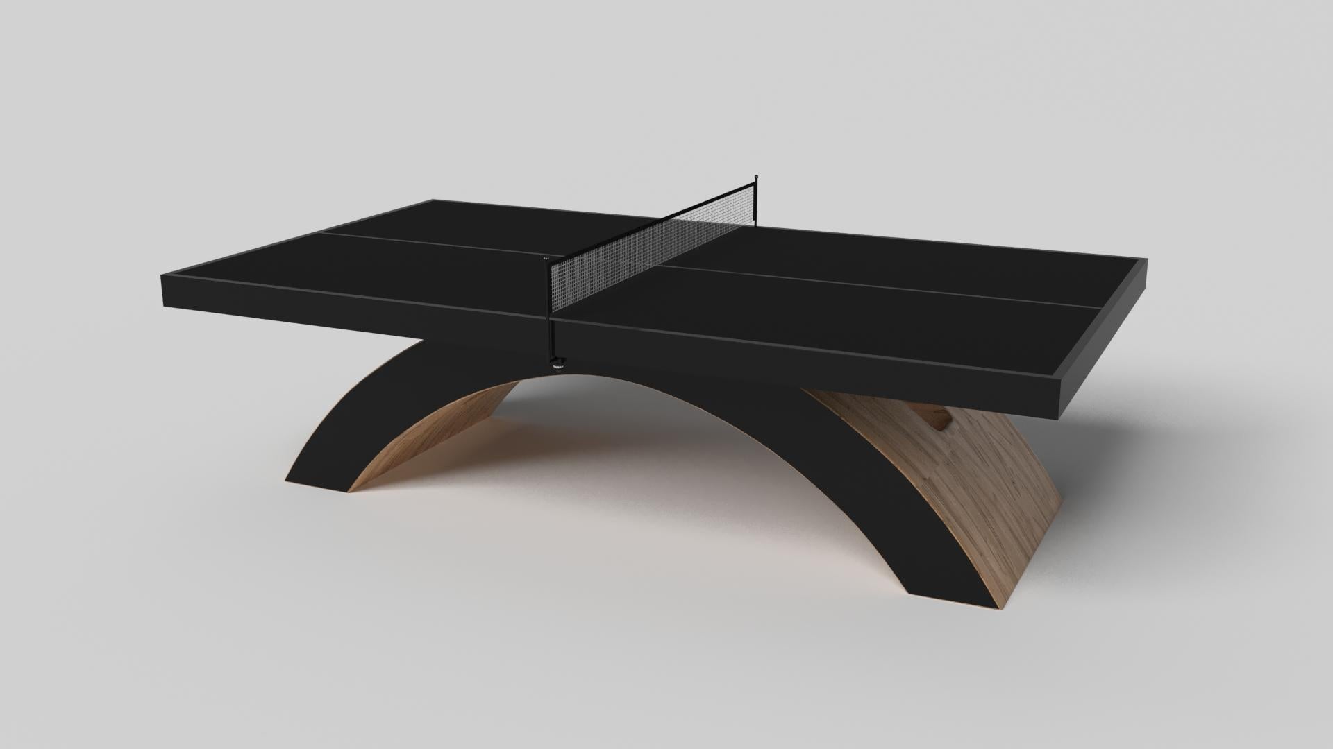 An open, arched base balances beautifully against the hard edges of the rectangular surface top, making the Zenith table tennis table in black with red a striking juxtaposition of modern, geometric forms. Minimalist in its appeal yet luxurious in