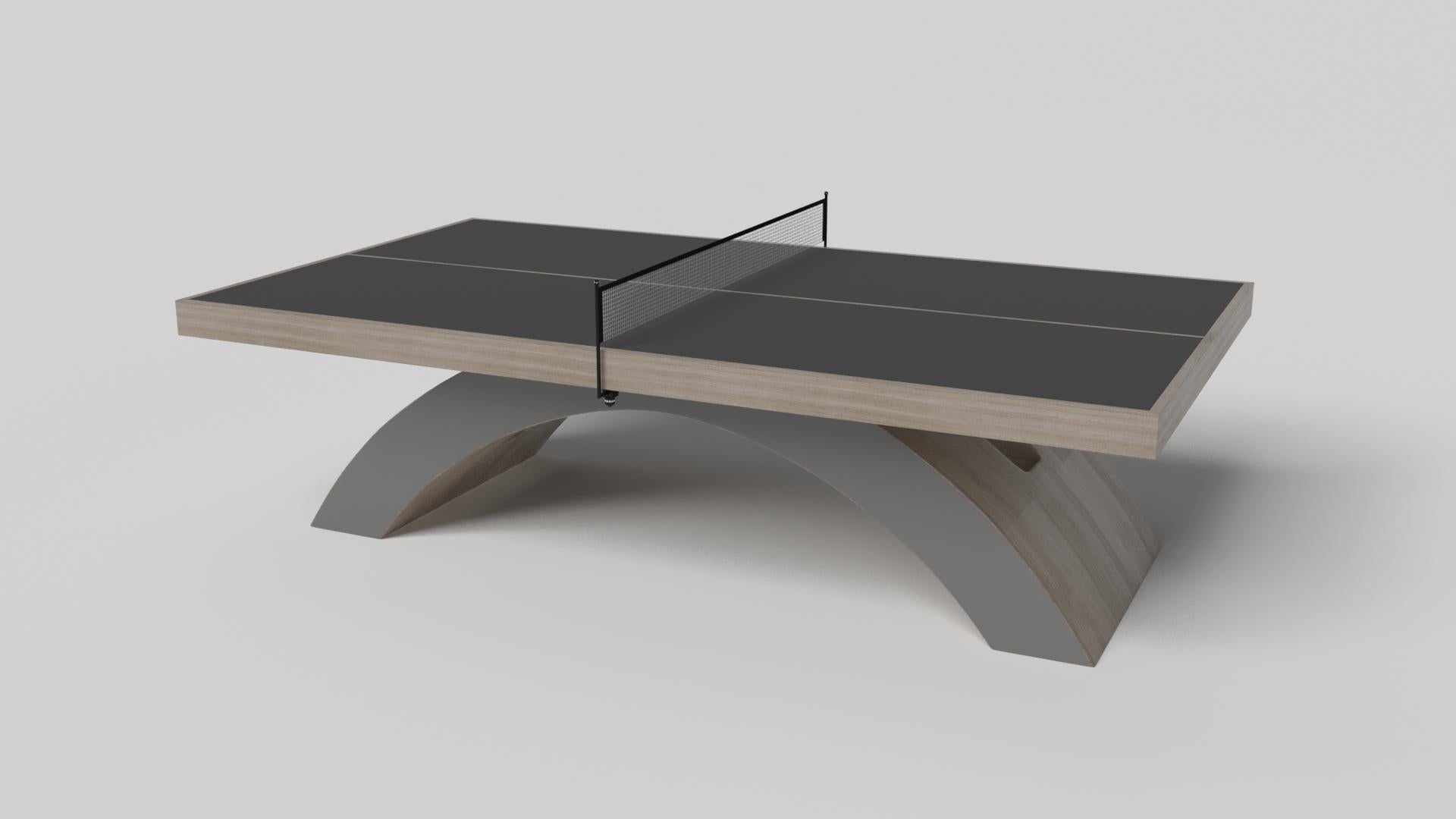 An open, arched base balances beautifully against the hard edges of the rectangular surface top, making the Zenith table tennis table in black with red a striking juxtaposition of modern, geometric forms. Minimalist in its appeal yet luxurious in