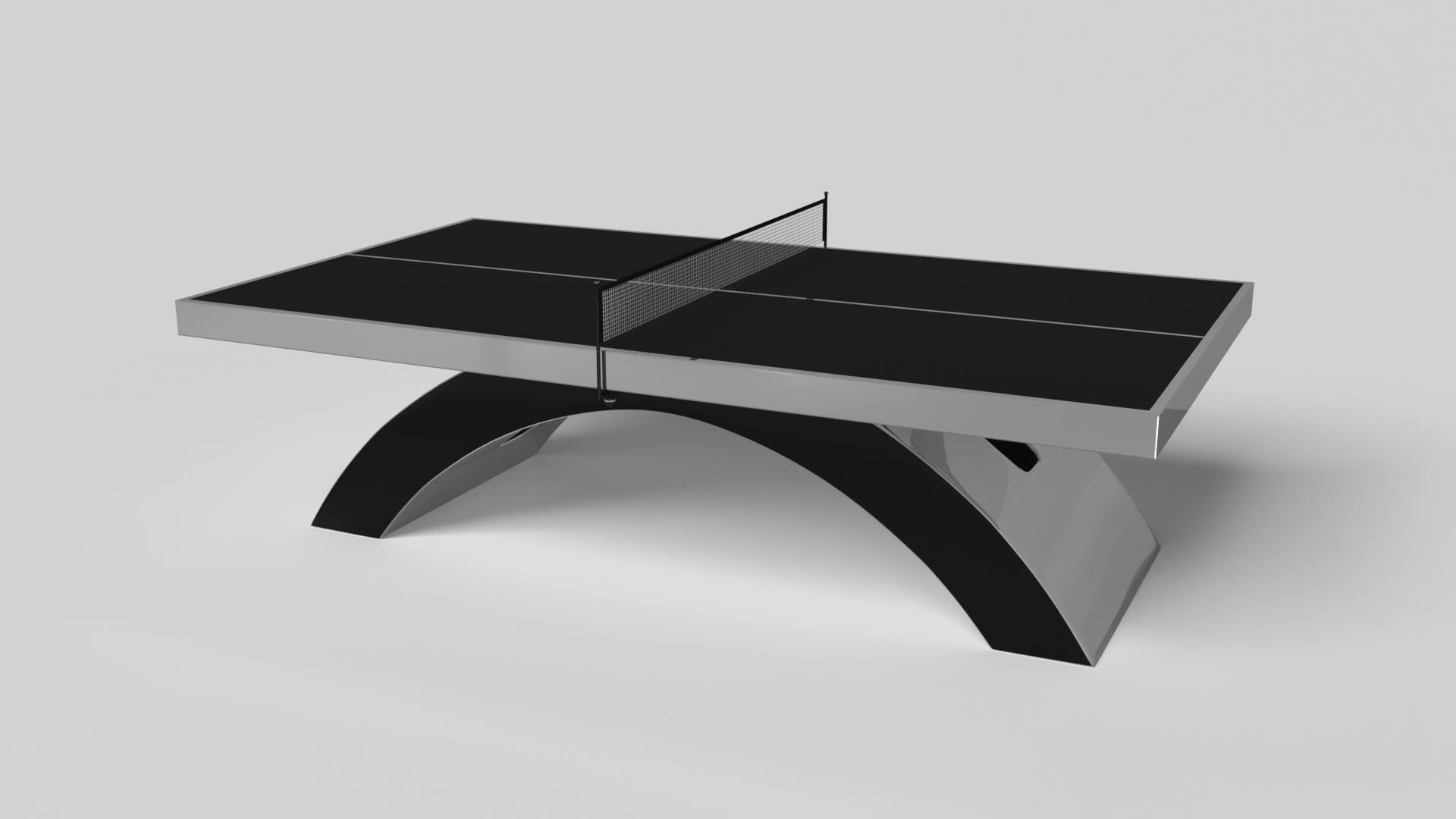 An open, arched base balances beautifully against the hard edges of the rectangular surface top, making the Zenith table tennis table in black with red a striking juxtaposition of modern, geometric forms. Minimalist in its appeal yet luxurious in