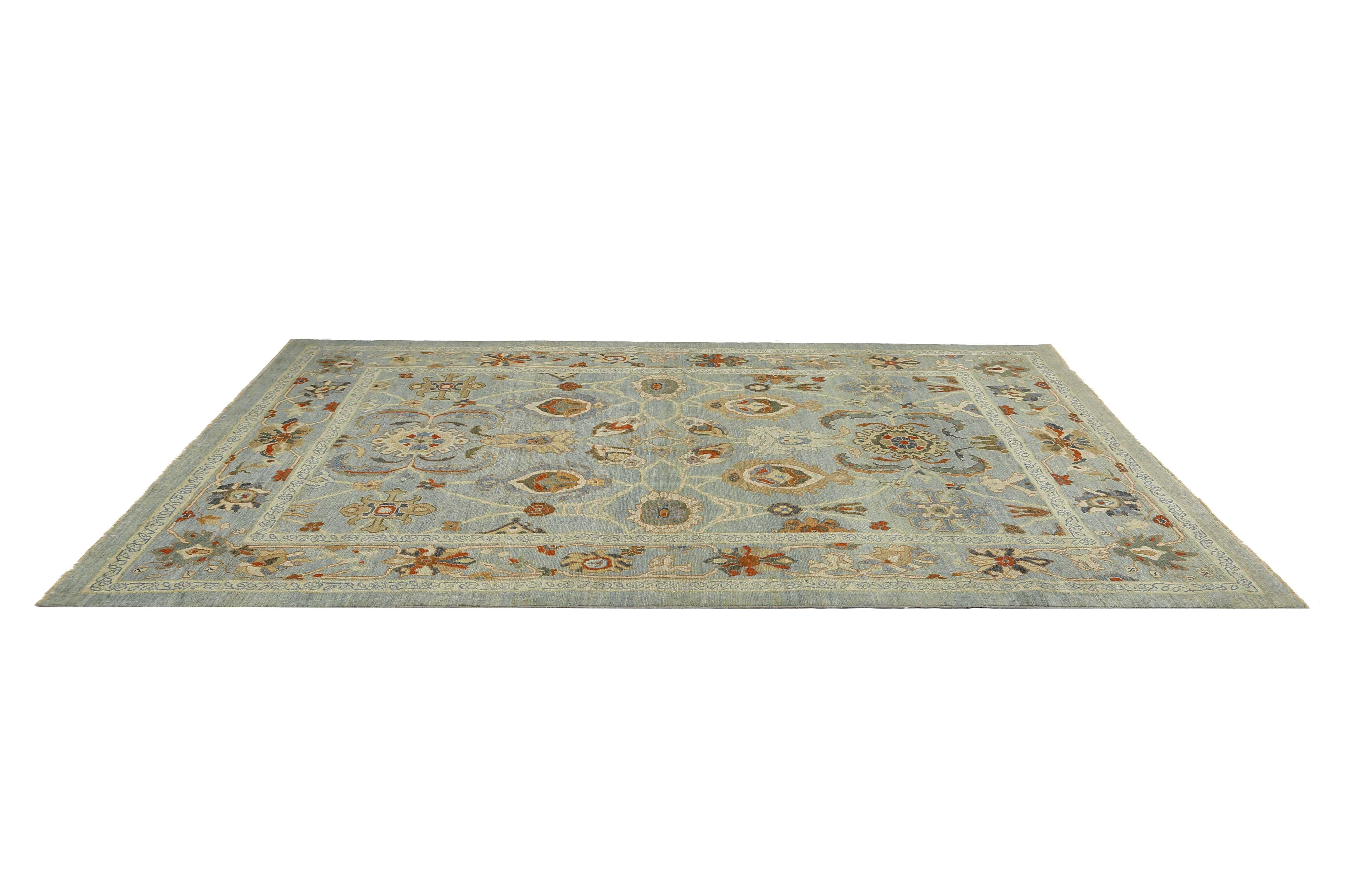 Hand-Woven Elevate Your Space with a Beautiful Handmade Turkish Sultanabad Rug, Light Blue For Sale