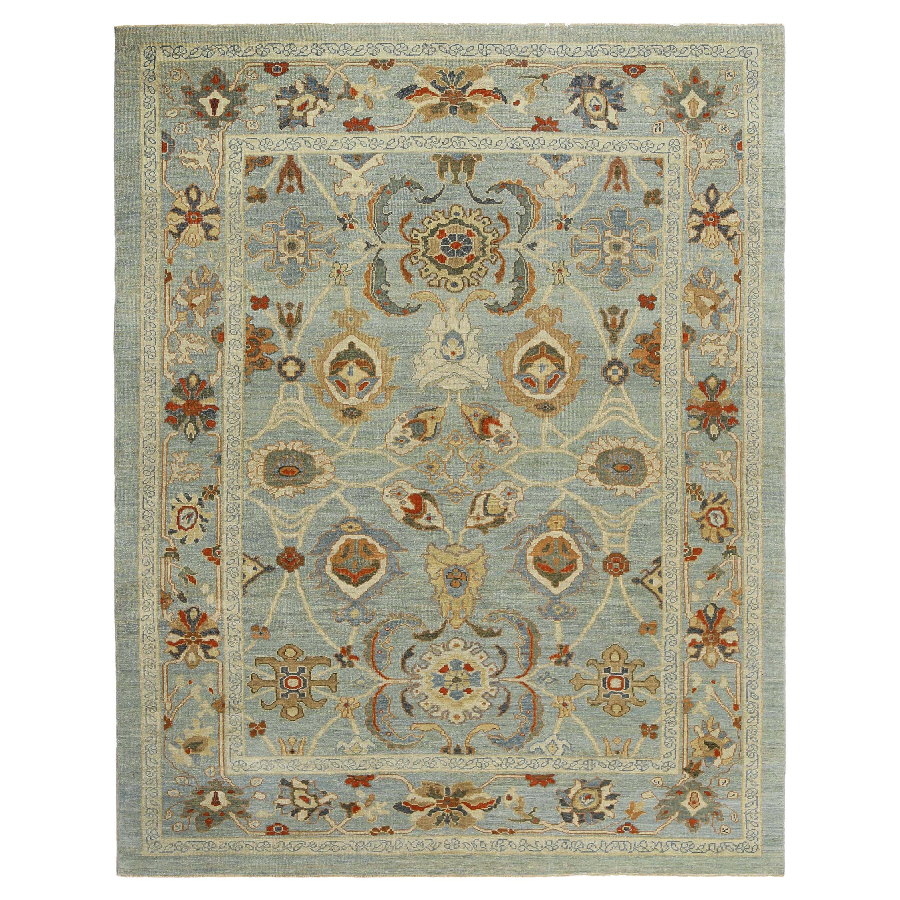 Elevate Your Space with a Beautiful Handmade Turkish Sultanabad Rug, Light Blue For Sale