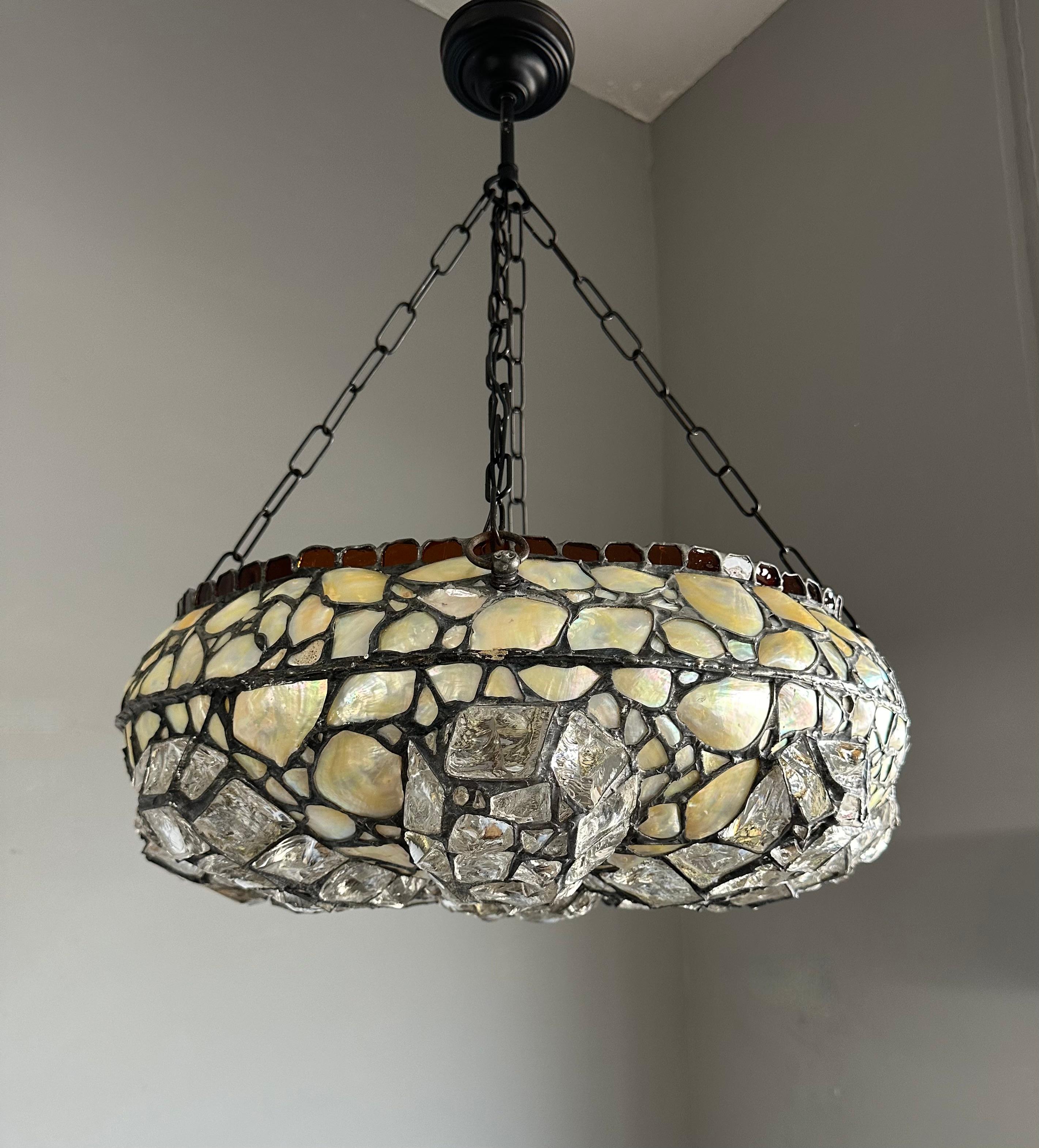 Arts and Crafts Elevate Your Space with a Large 19.7Ø Antique Chunky Stained Glass Pendant Light For Sale