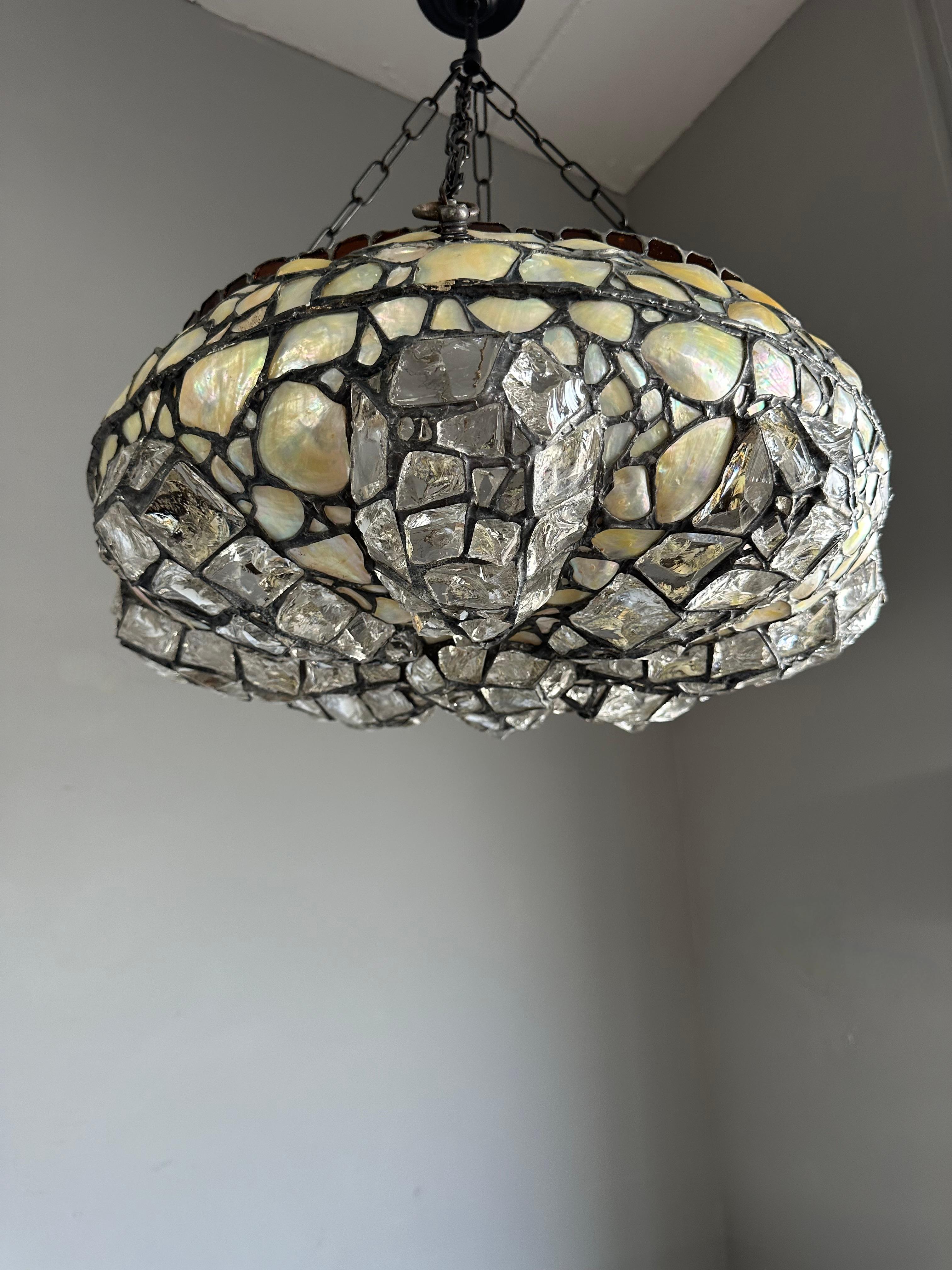 Blackened Elevate Your Space with a Large 19.7Ø Antique Chunky Stained Glass Pendant Light For Sale