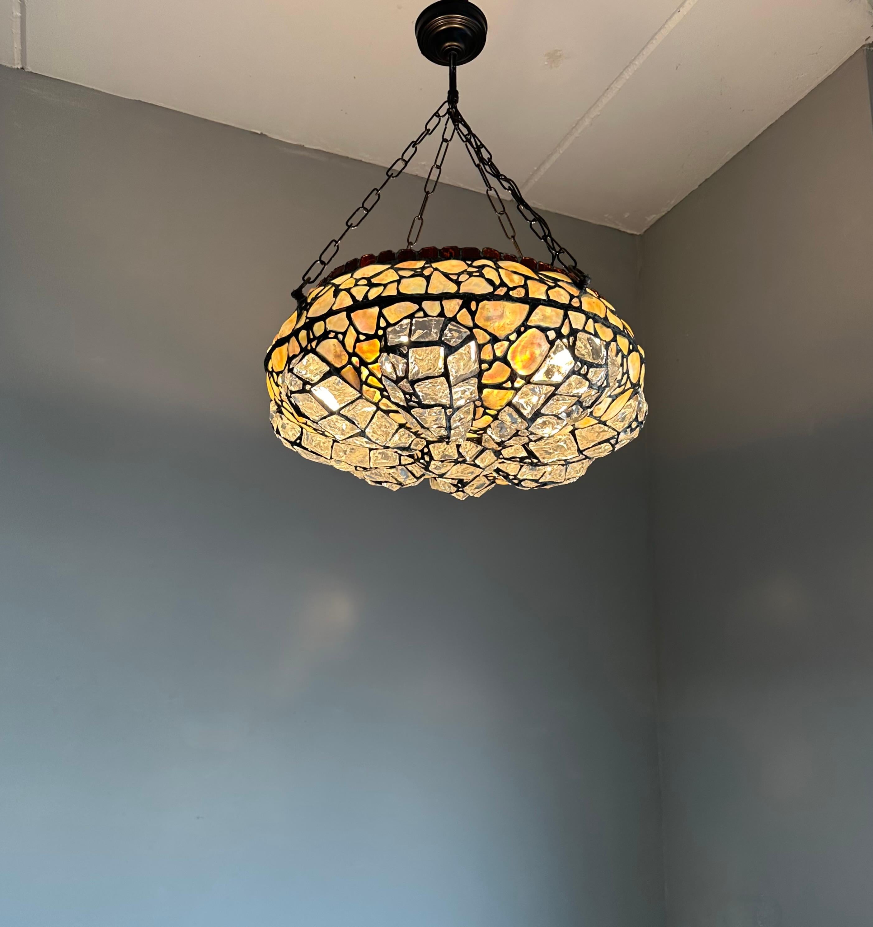 20th Century Elevate Your Space with a Large 19.7Ø Antique Chunky Stained Glass Pendant Light For Sale