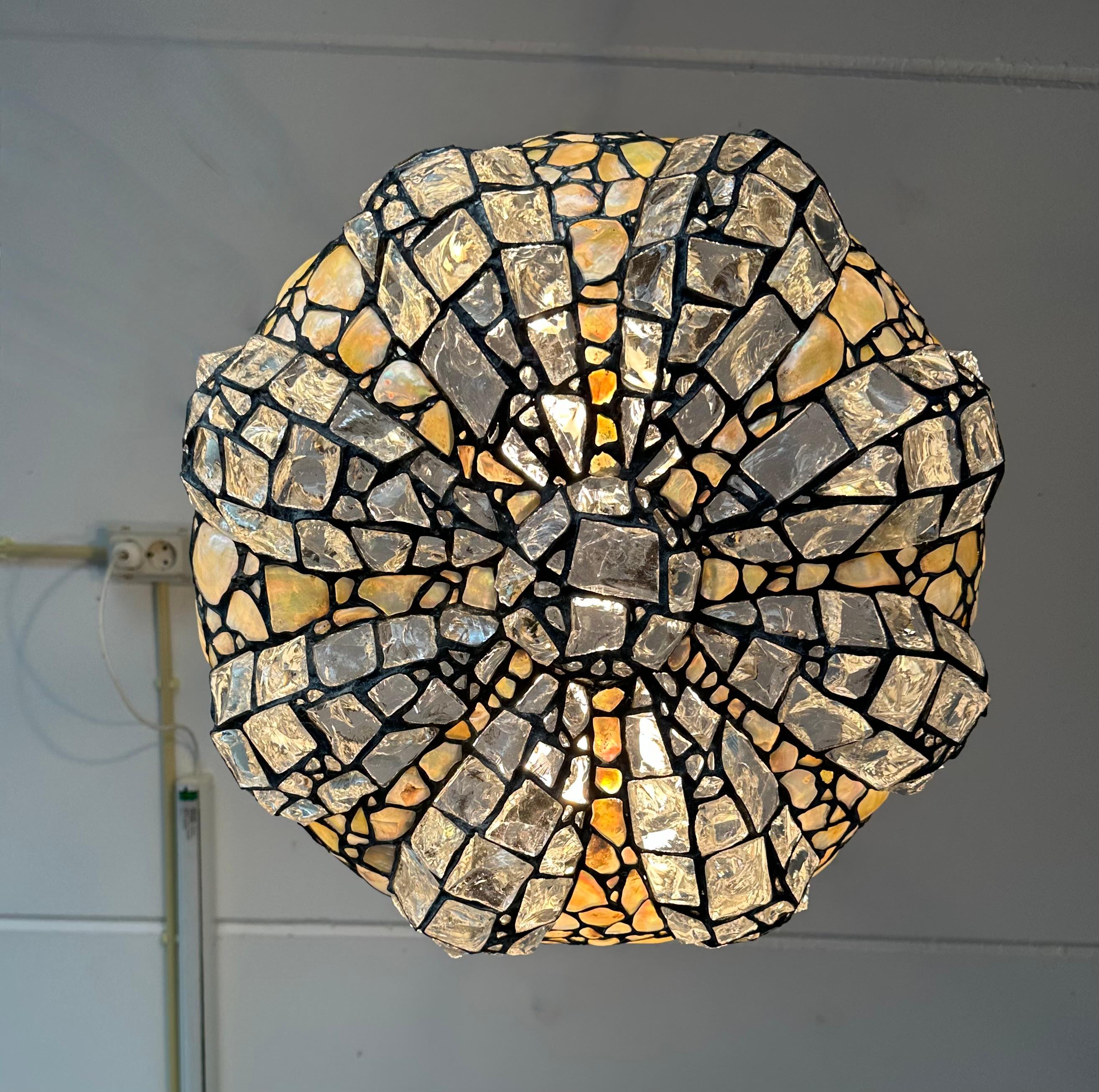 Metal Elevate Your Space with a Large 19.7Ø Antique Chunky Stained Glass Pendant Light For Sale