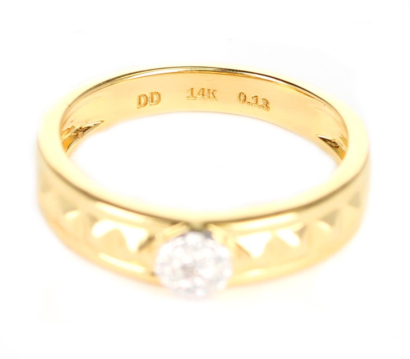 A trendy, simple, and unique 14K Yellow Gold Ring with elevated pyramid designs with 0.13 carats of Diamonds, Ring Size: 6. Signed D'D for D'Deco Jewels. Metal type and stones can be customized. 