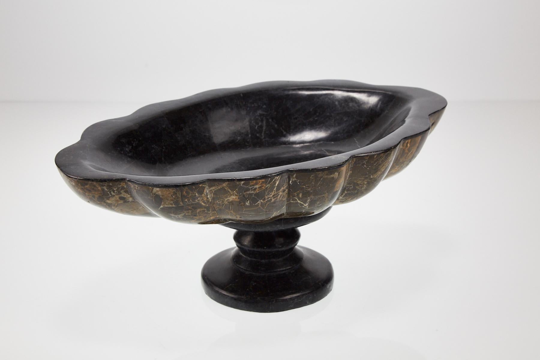 Elegant shell-shaped bowl on footed base. Completely covered in black and snakeskin stone over a fiberglass body.

Hand-inlaid from natural materials in the Philippines.

All furnishings are made from 100% natural Fossil Stone or Seashell inlay,