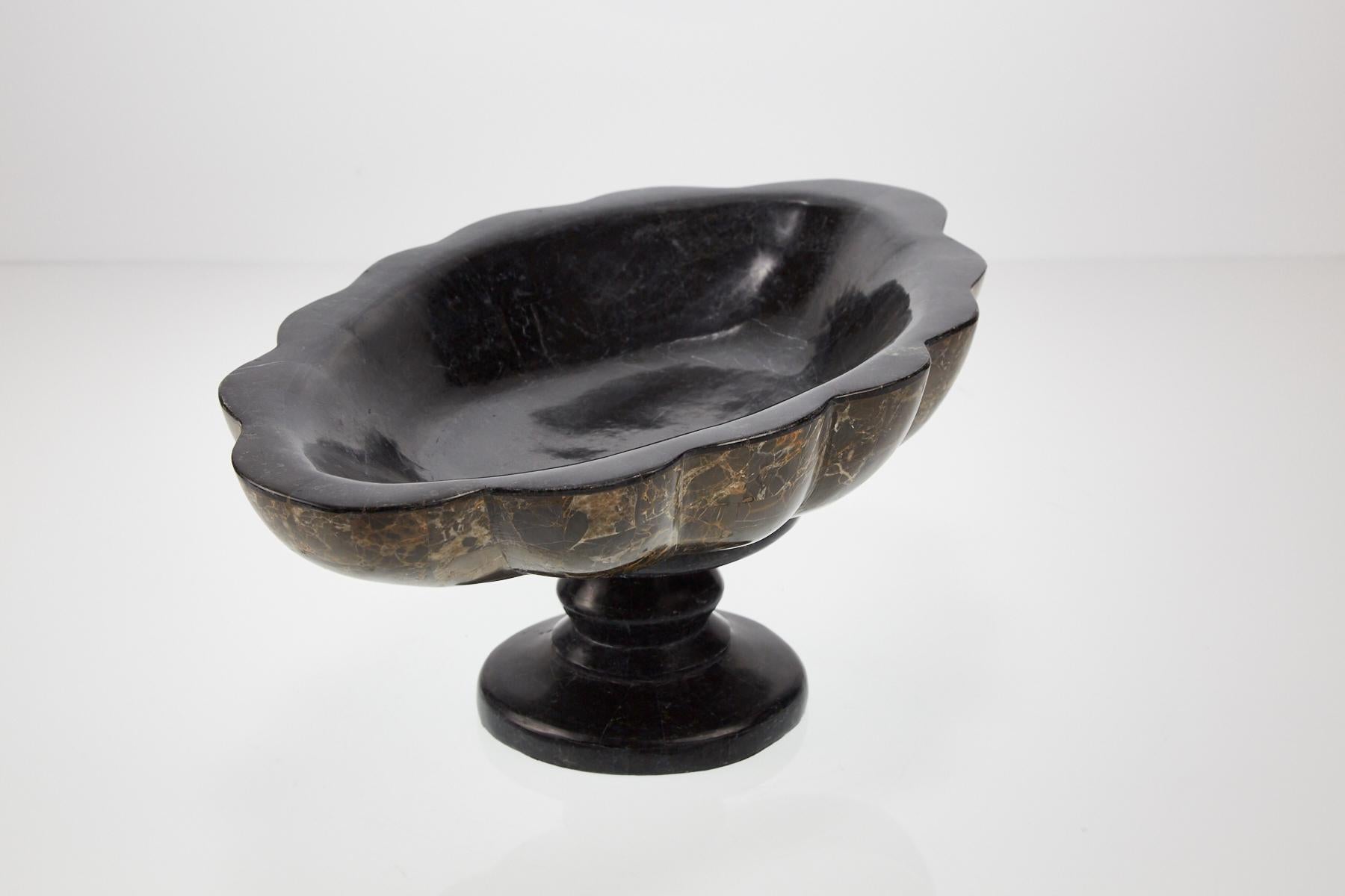 Post-Modern Elevated Tessellated Stone Shell Bowl in Black and Snakeskin Stones, 1990s For Sale