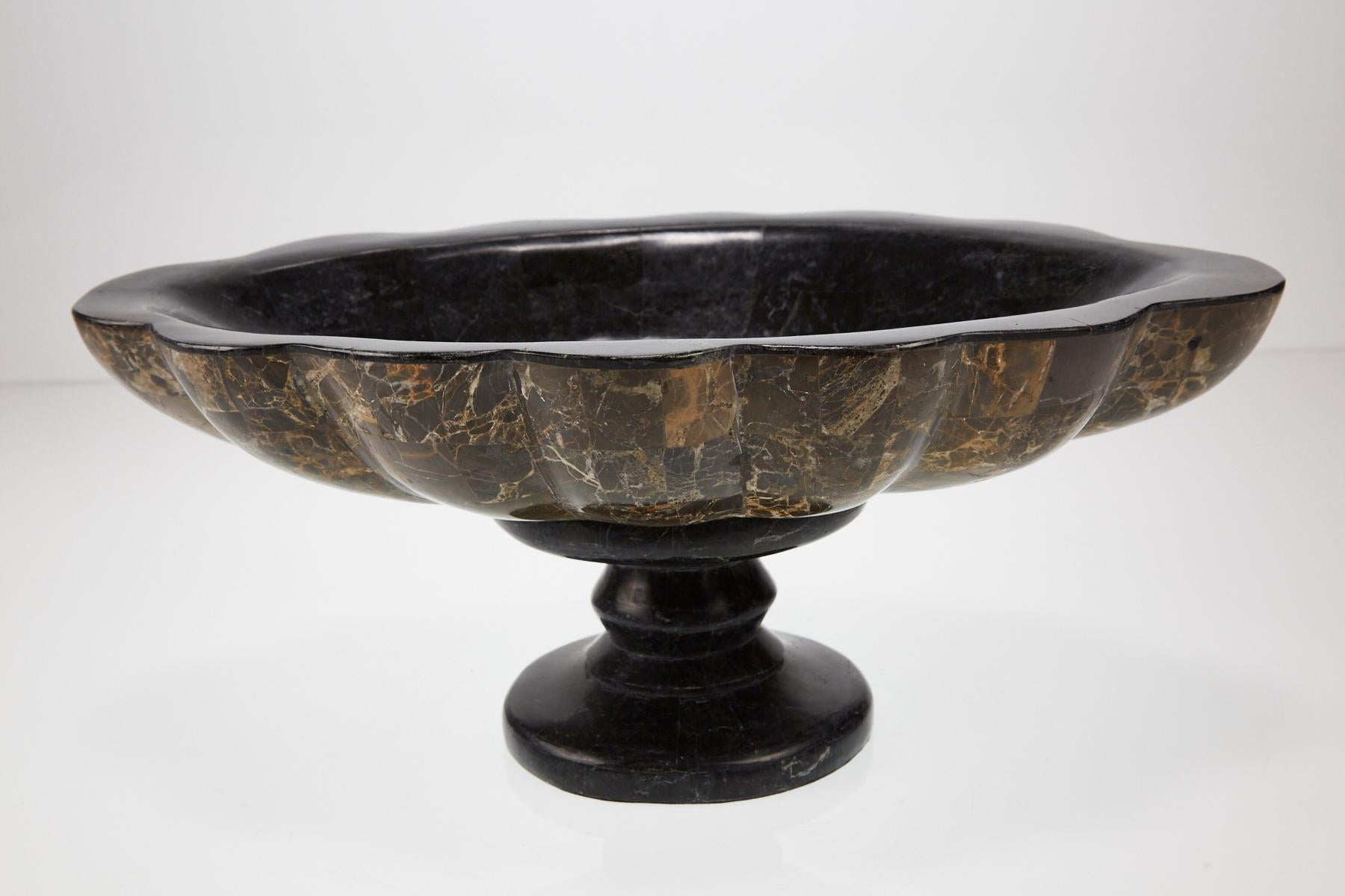 Inlay Elevated Tessellated Stone Shell Bowl in Black and Snakeskin Stones, 1990s For Sale