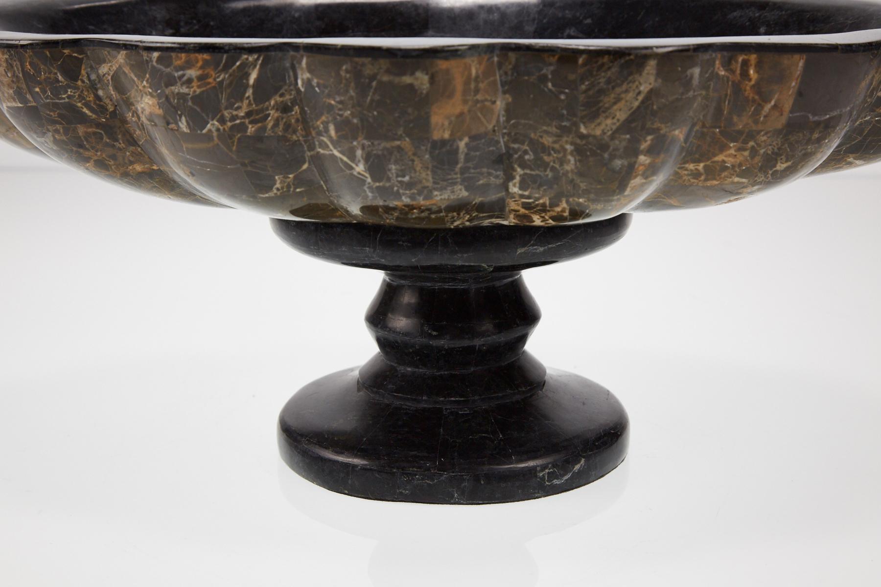 Late 20th Century Elevated Tessellated Stone Shell Bowl in Black and Snakeskin Stones, 1990s For Sale