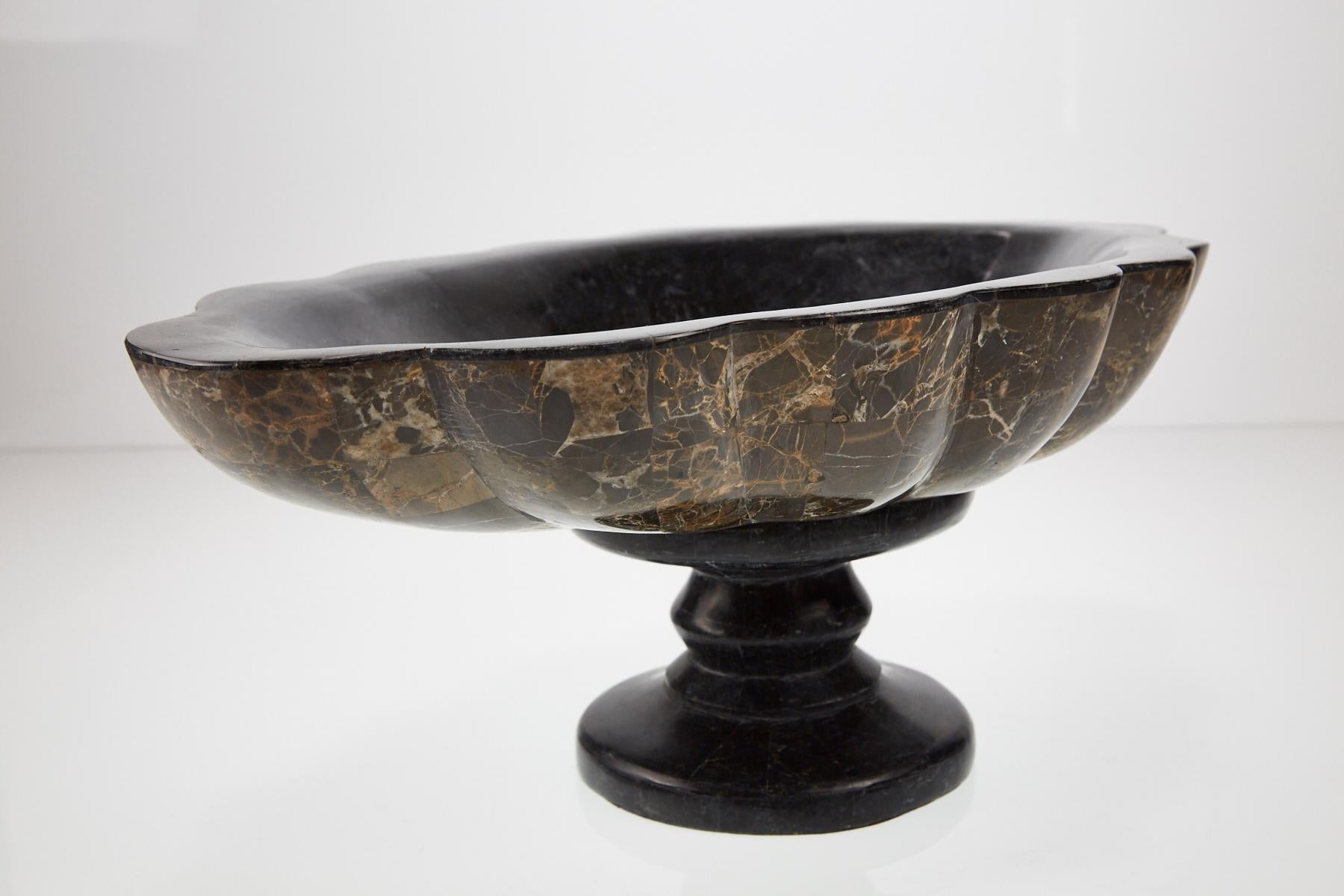 Fiberglass Elevated Tessellated Stone Shell Bowl in Black and Snakeskin Stones, 1990s For Sale