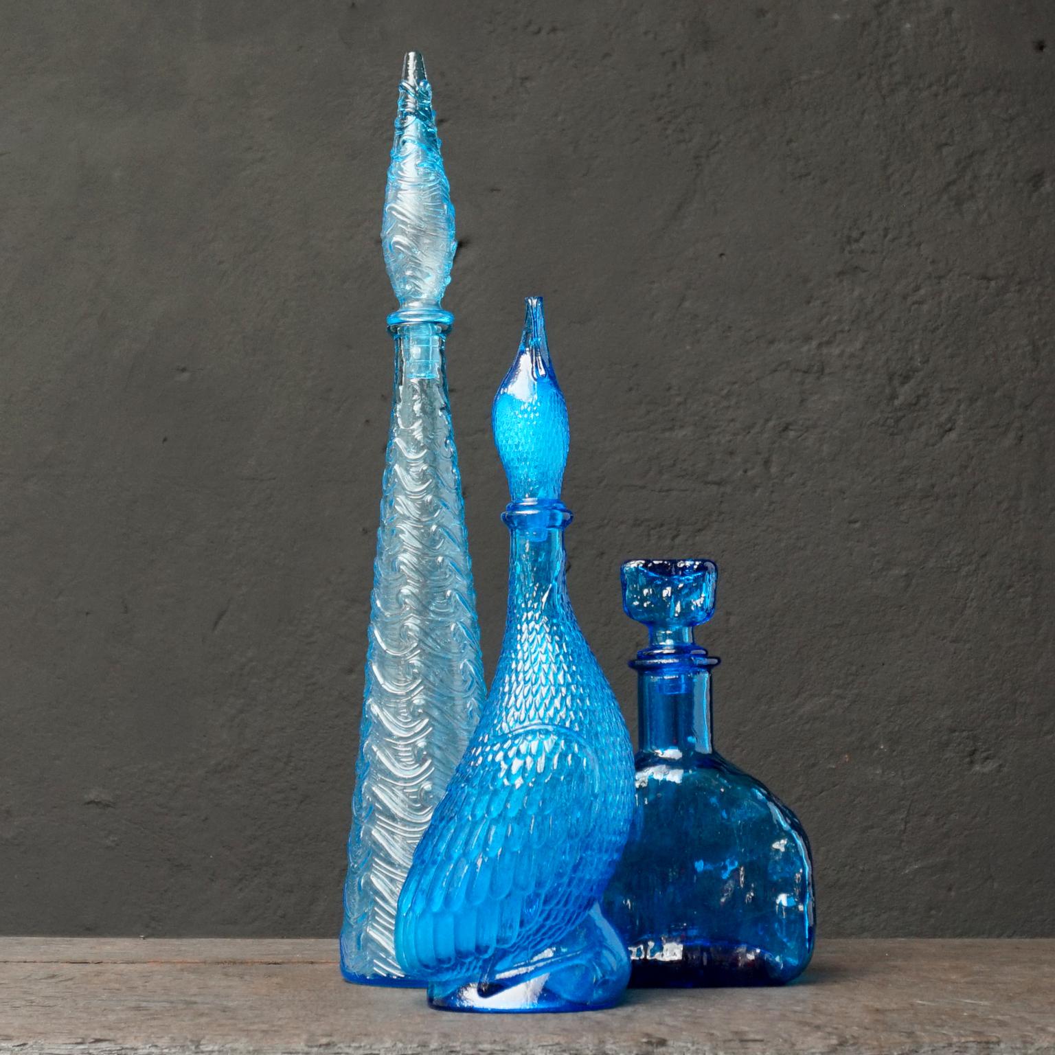 Eleven 1960s Blue Glass Italian Empoli Genie Bottles Decanters, Vases Candy Jars 1