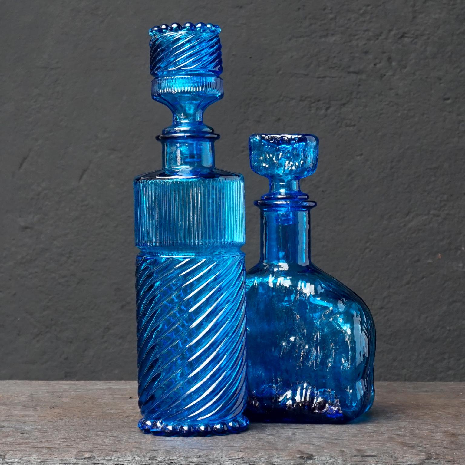 Eleven 1960s Blue Glass Italian Empoli Genie Bottles Decanters, Vases Candy Jars 2