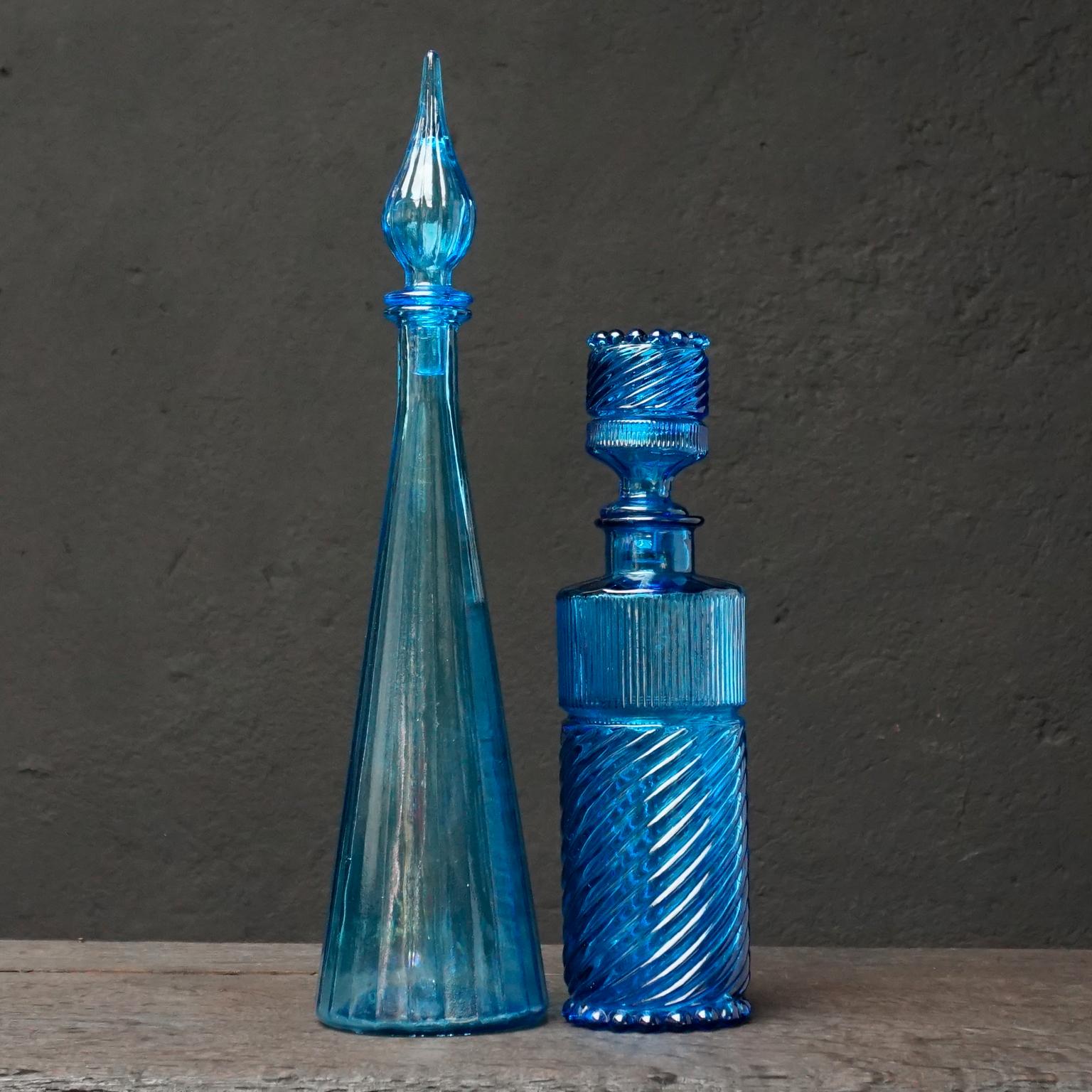 Eleven 1960s Blue Glass Italian Empoli Genie Bottles Decanters, Vases Candy Jars 3