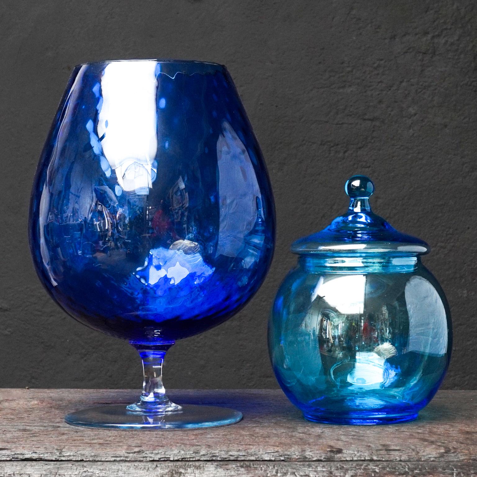 Mid-Century Modern Eleven 1960s Blue Glass Italian Empoli Genie Bottles Decanters, Vases Candy Jars