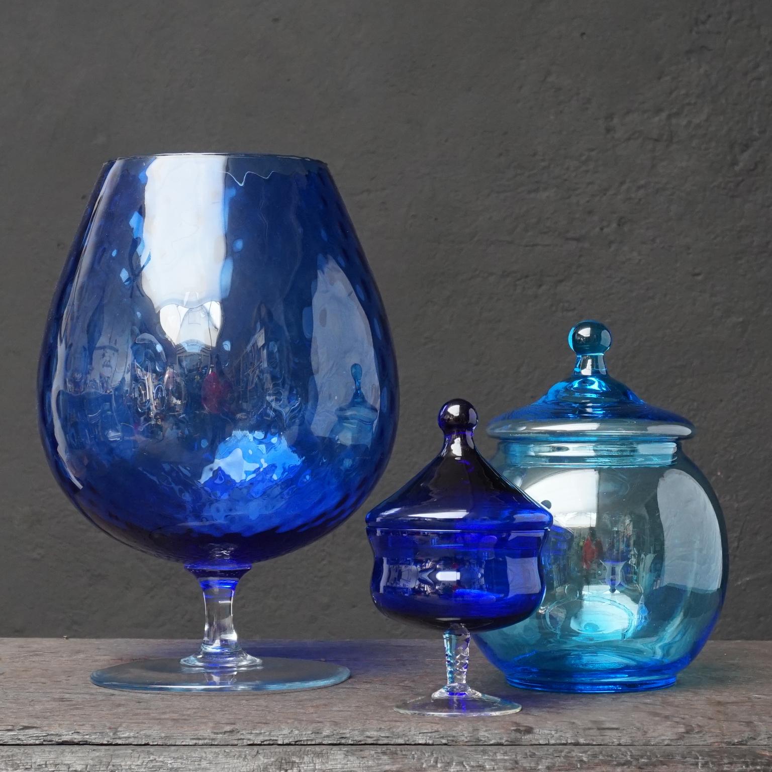 Pressed Eleven 1960s Blue Glass Italian Empoli Genie Bottles Decanters, Vases Candy Jars