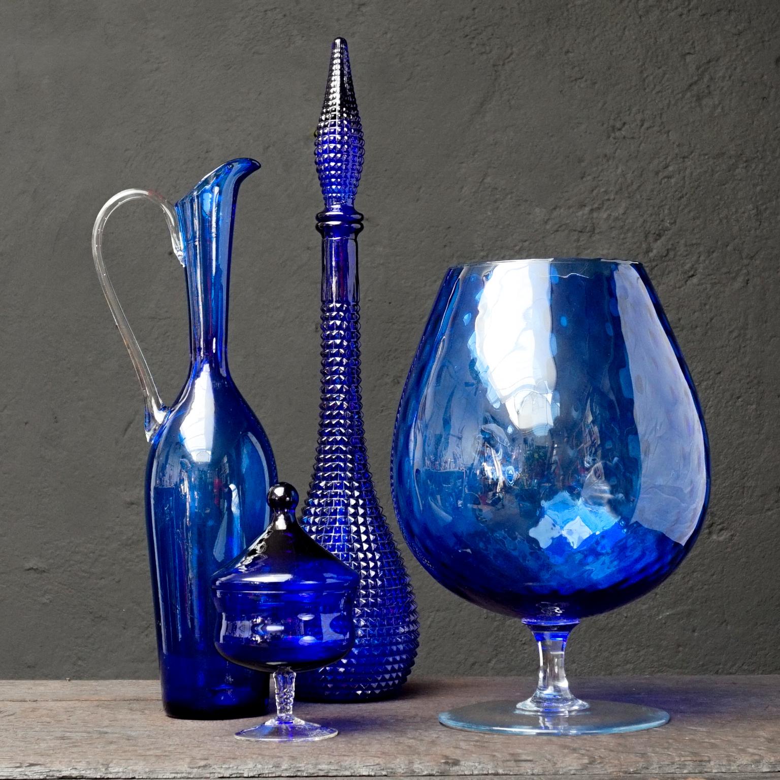 Eleven 1960s Blue Glass Italian Empoli Genie Bottles Decanters, Vases Candy Jars In Good Condition In Haarlem, NL