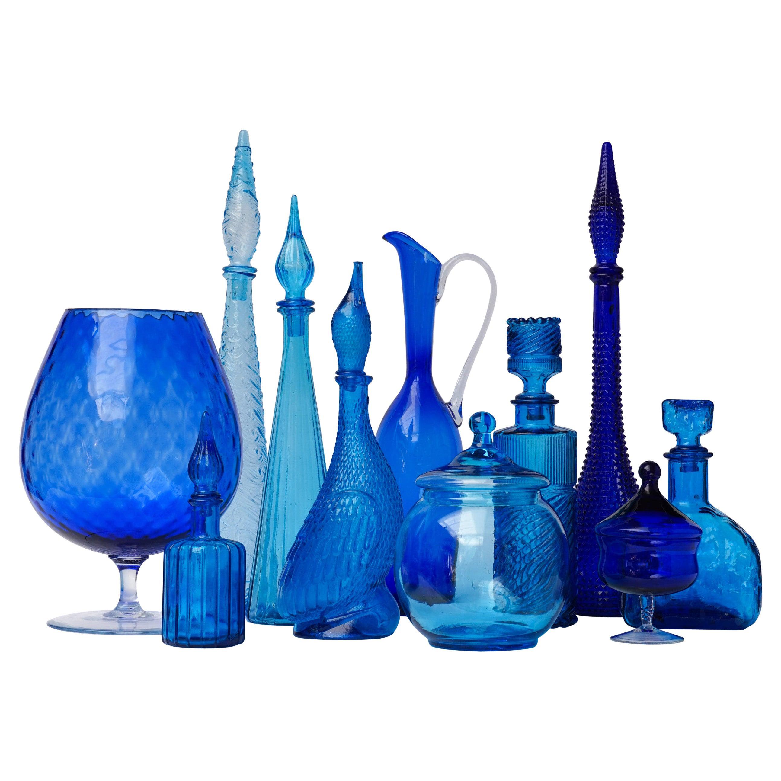 Eleven 1960s Blue Glass Italian Empoli Genie Bottles Decanters, Vases Candy Jars