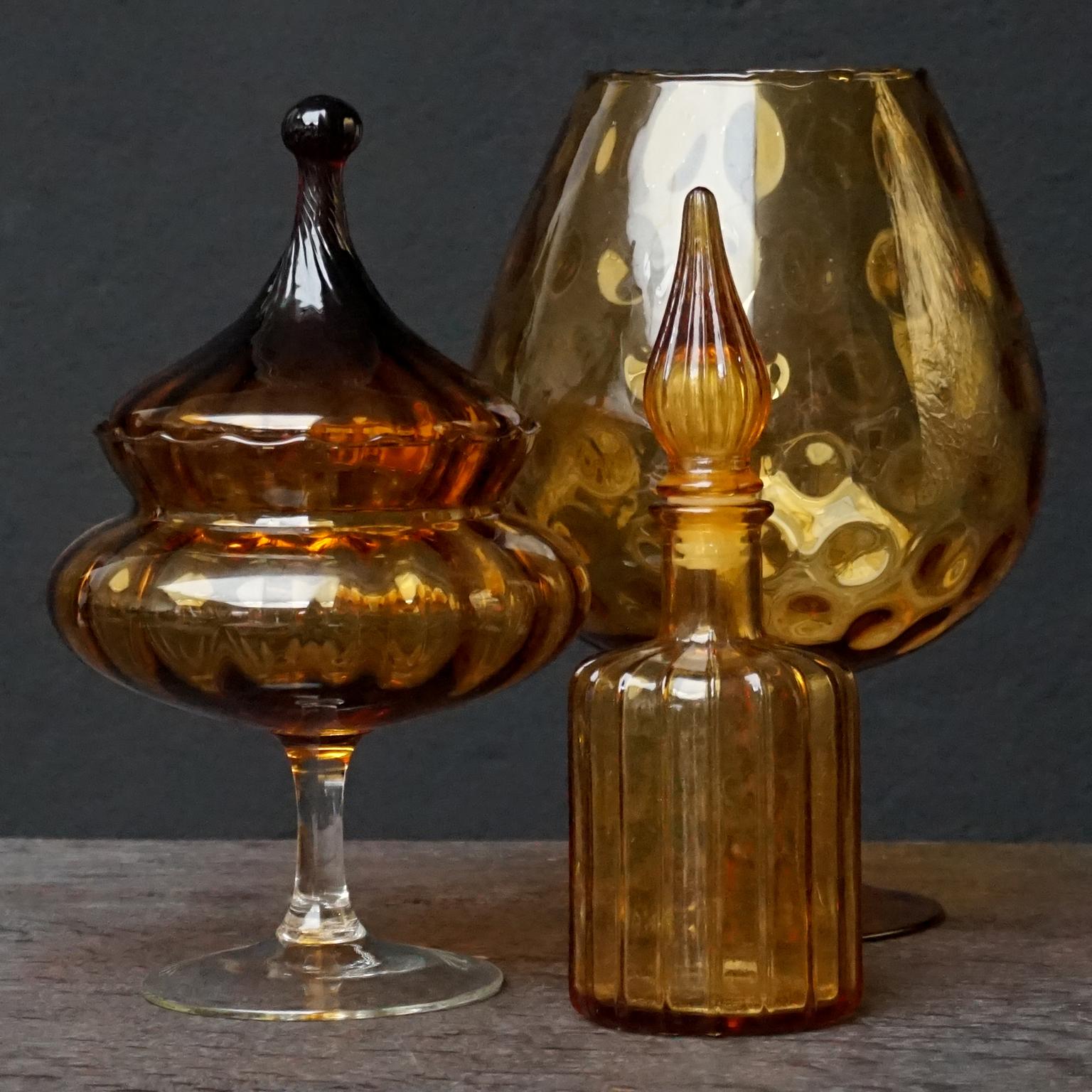 Eleven 1960s Italian Empoli Rossini Amber Genie Glass Bottles Vase and Candy Jar 4
