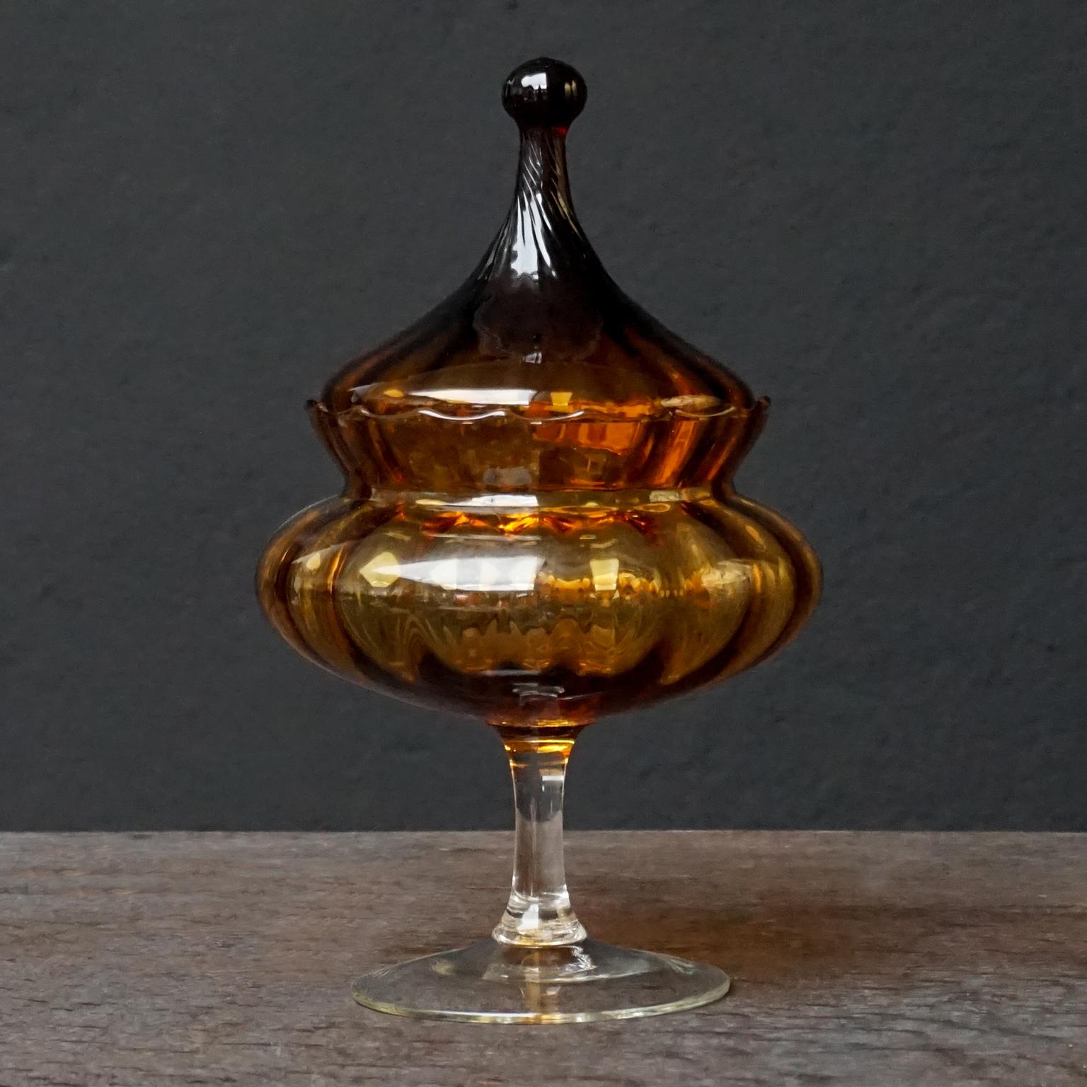 Eleven 1960s Italian Empoli Rossini Amber Genie Glass Bottles Vase and Candy Jar 5