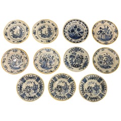 Eleven Antique Blue and White Delft Dishes Hand-Painted in the 18th Century