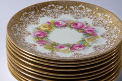 Eleven Antique English Dessert Plates, Custom Hand Painted Artist Signed Gilt