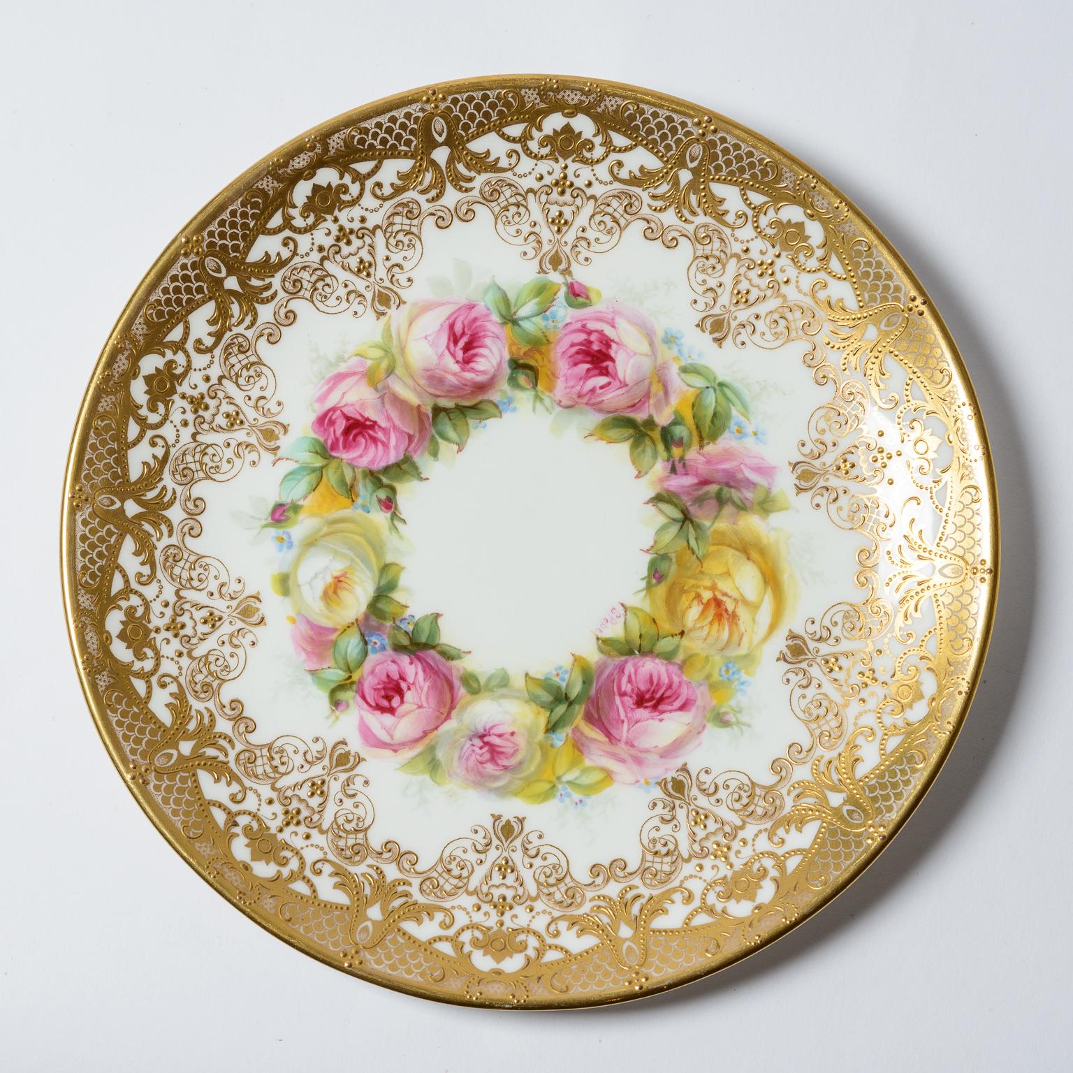 Early 20th Century Eleven Antique English Dessert Plates, Custom Hand Painted Artist Signed Gilt