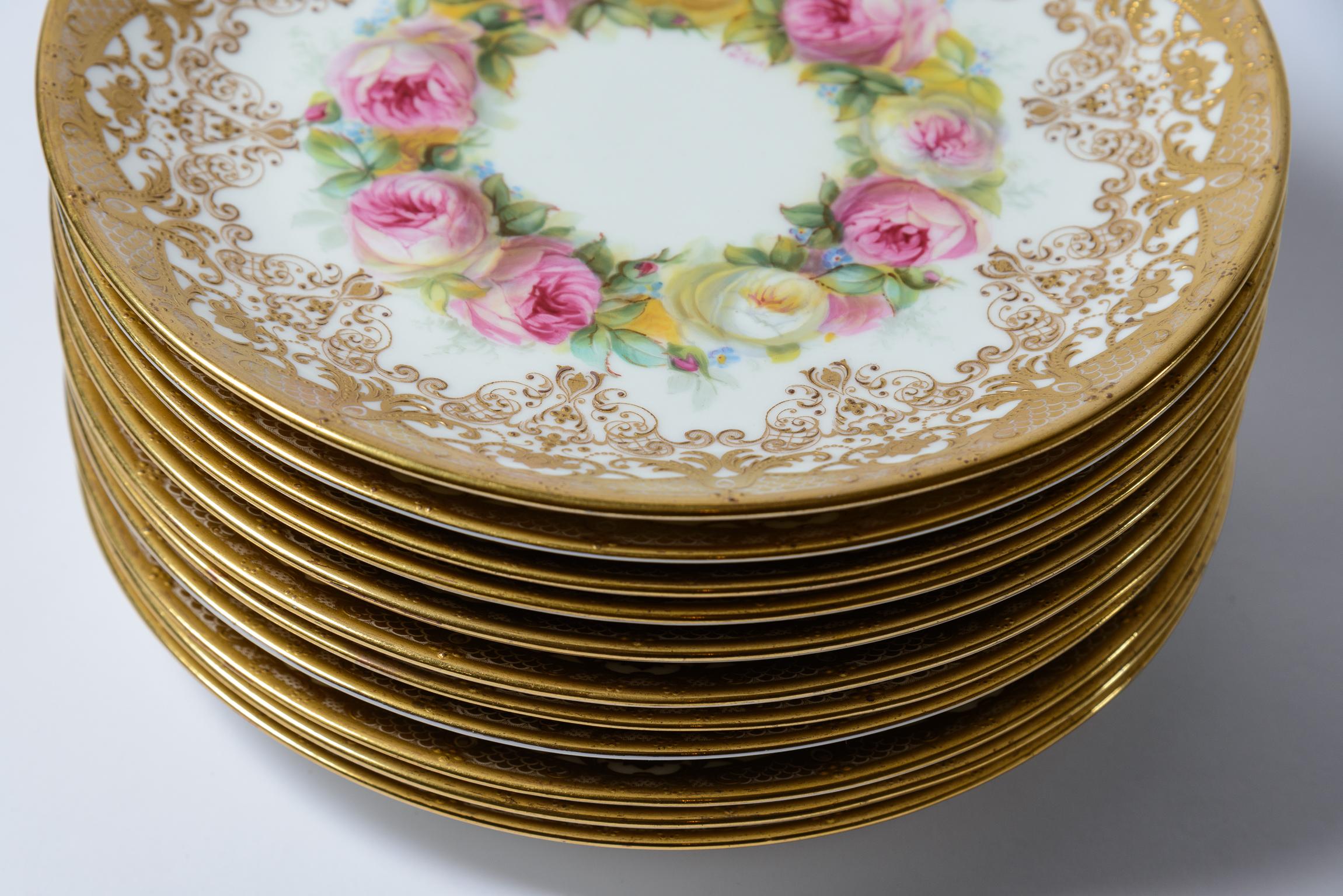 Gold Eleven Antique English Dessert Plates, Custom Hand Painted Artist Signed Gilt