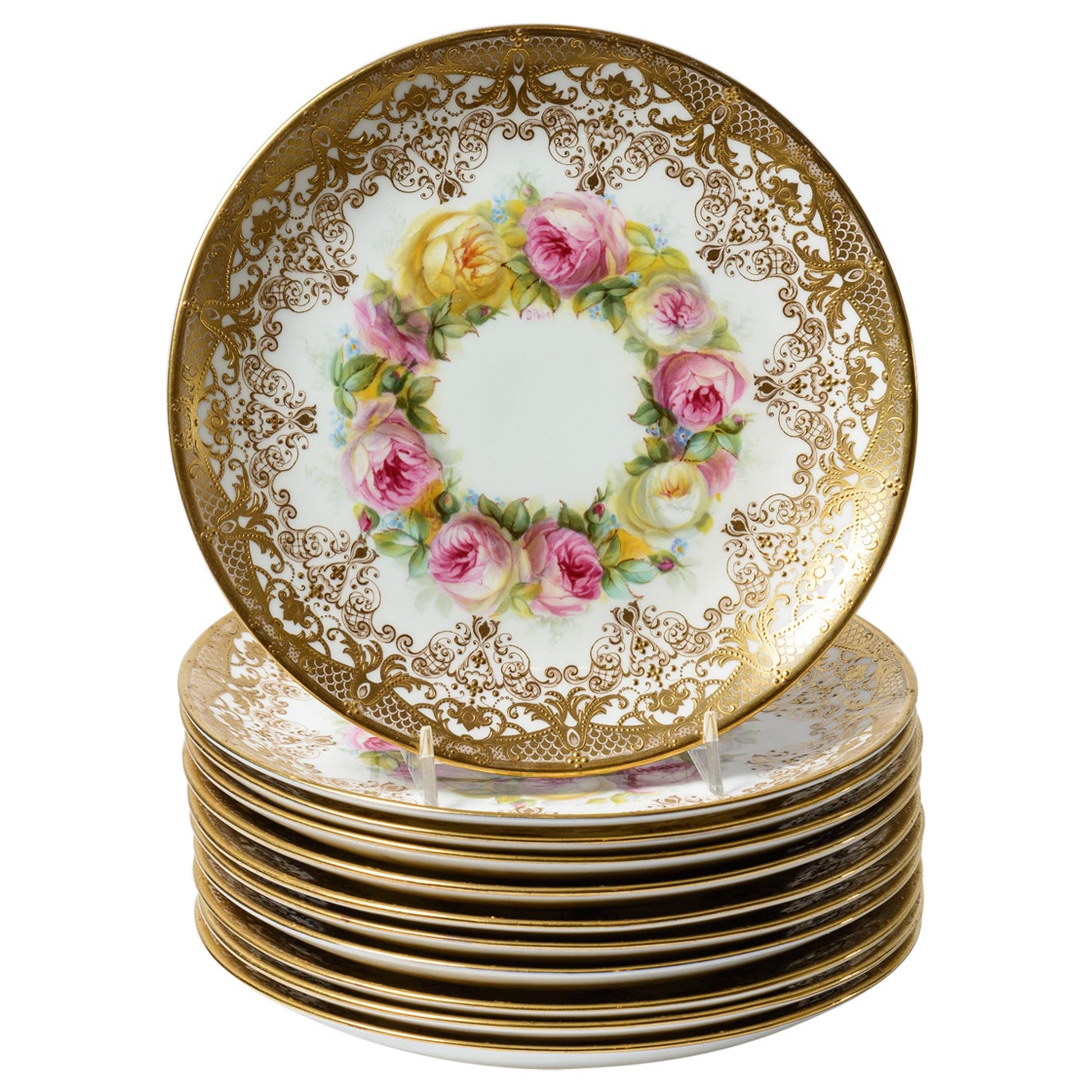 Eleven Antique English Dessert Plates, Custom Hand Painted Artist Signed Gilt