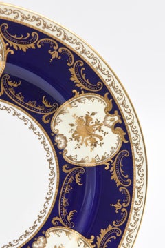 Eleven Antique English Dinner Plates, Cobalt Blue Gilded Musical Instruments