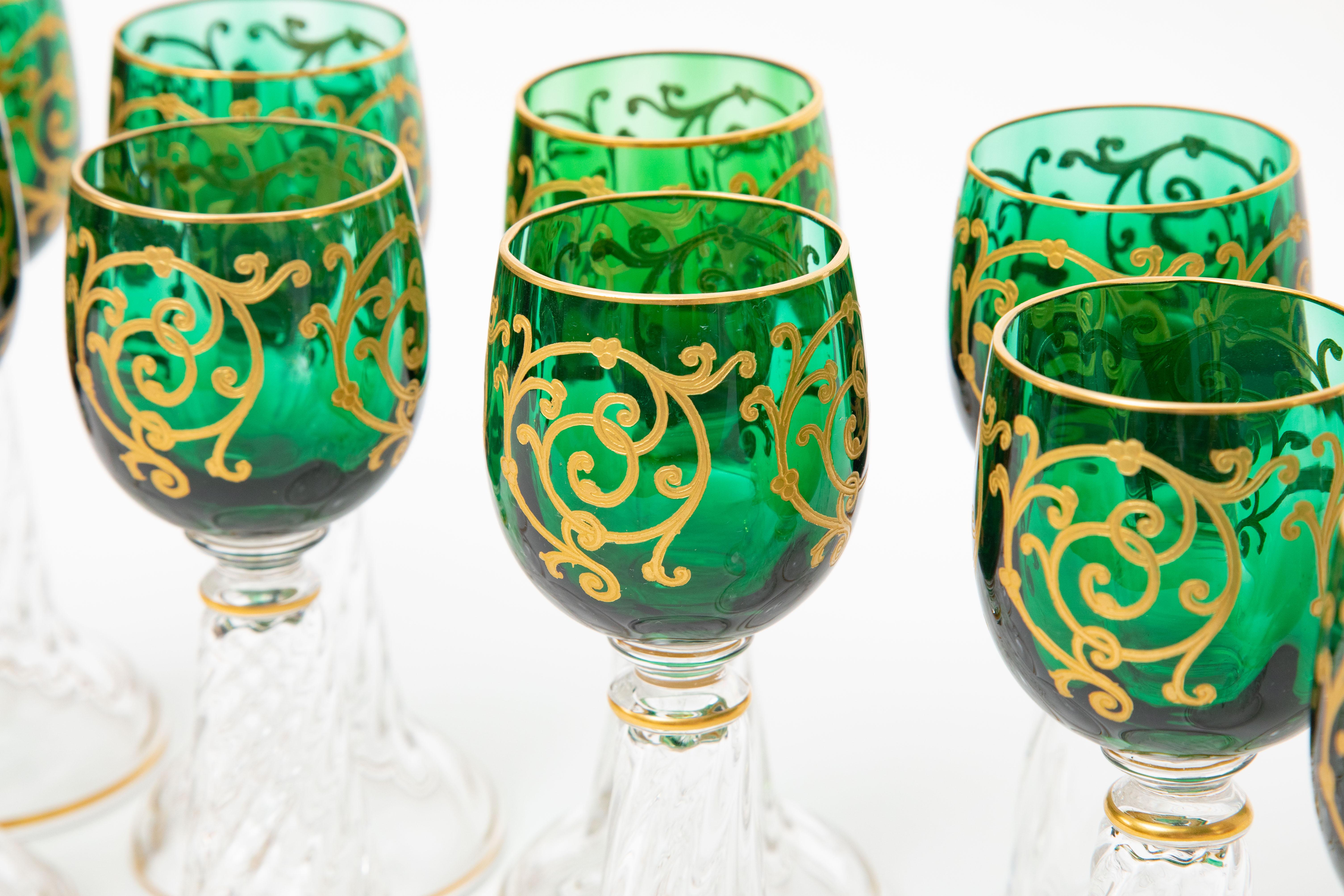 Hand-Crafted Ten Antique French Green Raised Gold Wine Glasses, circa 1890 For Sale