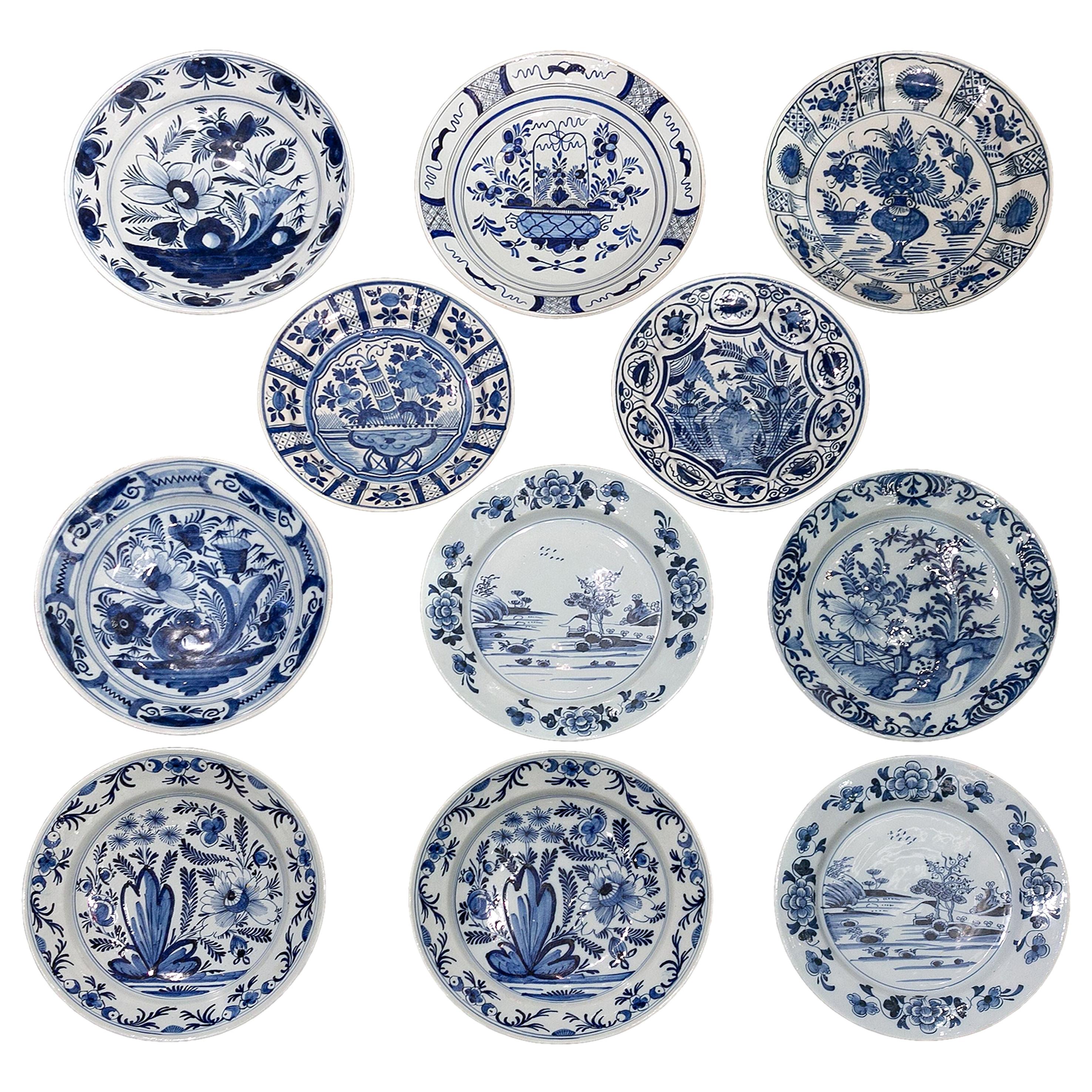Eleven Antique Large Delft Blue and White Chargers, Late 18th Century