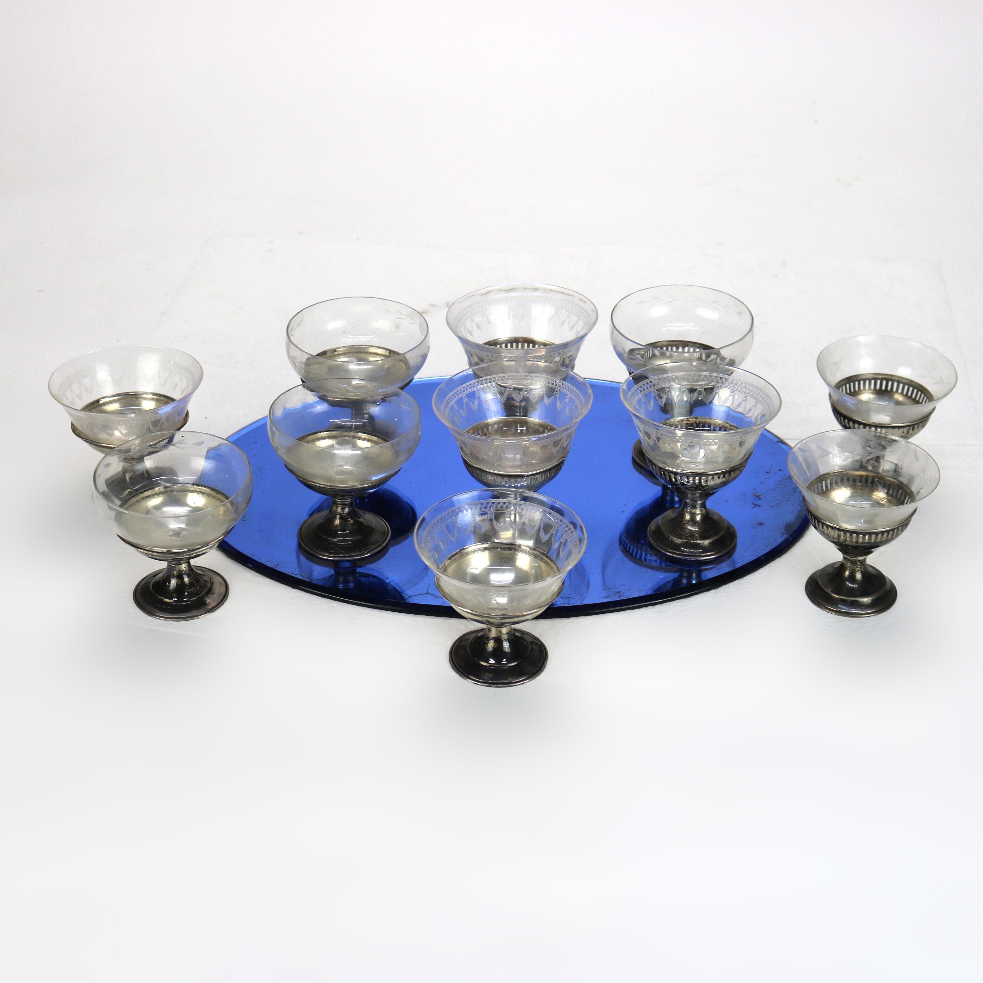 Eleven Antique Sterling Silver Dessert Cups with Glass Inserts c1920