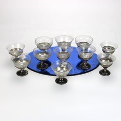Once copas de postre antiguas de plata de ley con inserciones de cristal c1920