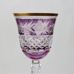 Eleven Bohemian Amethyst Floral Cut To Clear Crystal Wine Cordial Goblets c1910