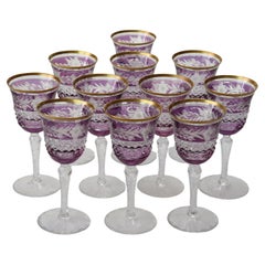 Eleven Bohemian Amethyst Floral Cut To Clear Crystal Wine Cordial Goblets c1910