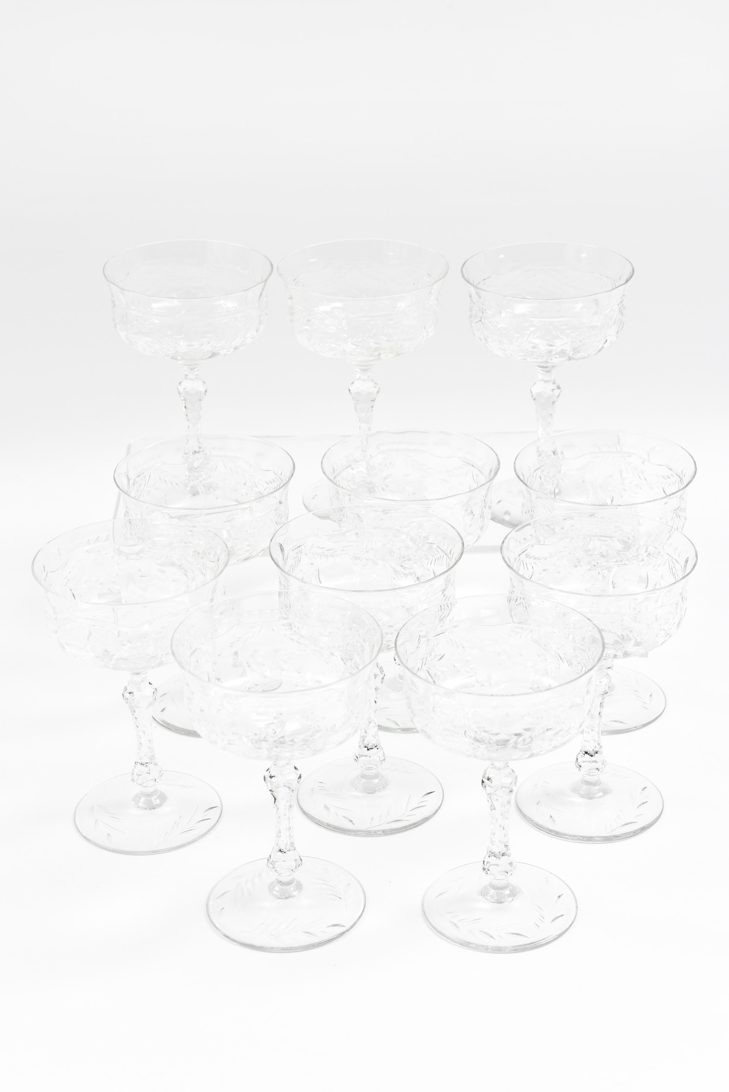 A nicely blown and floral engraved champagne or cocktail glass that has a wonderful cut knob stem that is a delight to hold. A generous sized bowl for champagne, cocktails, sorbet, ice cream and so much more. The height is perfect for service and