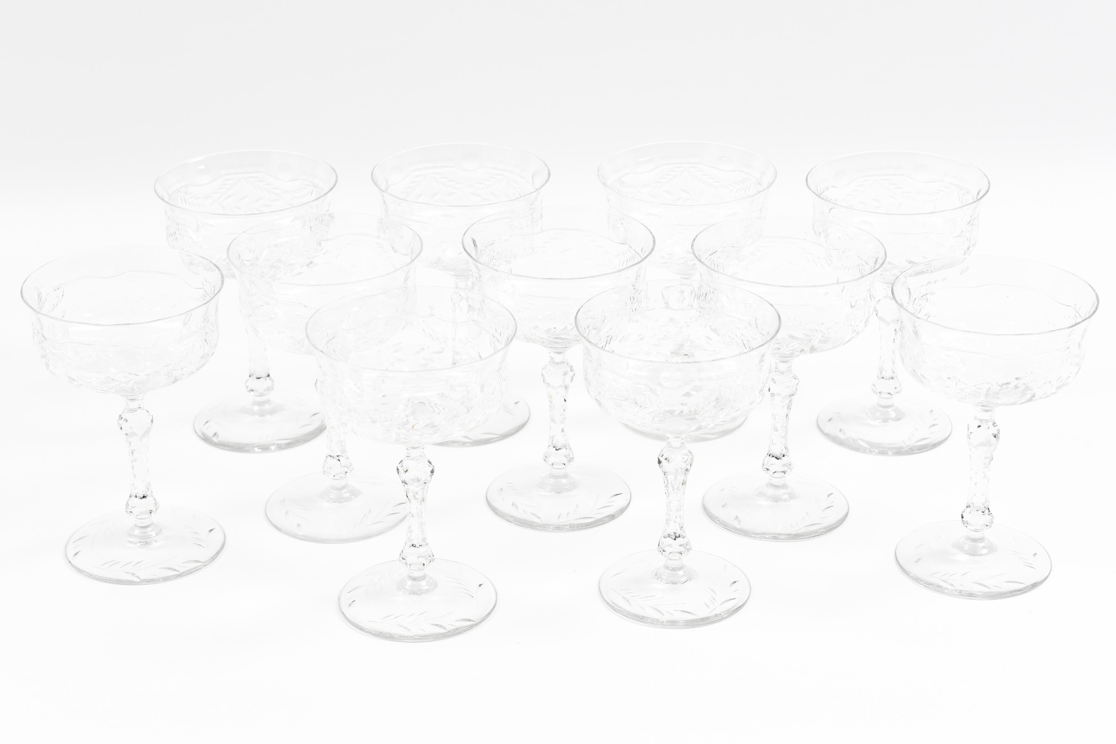 Hand-Crafted Eleven Champagne Coupes, Antique American with Jewel Knob Stems