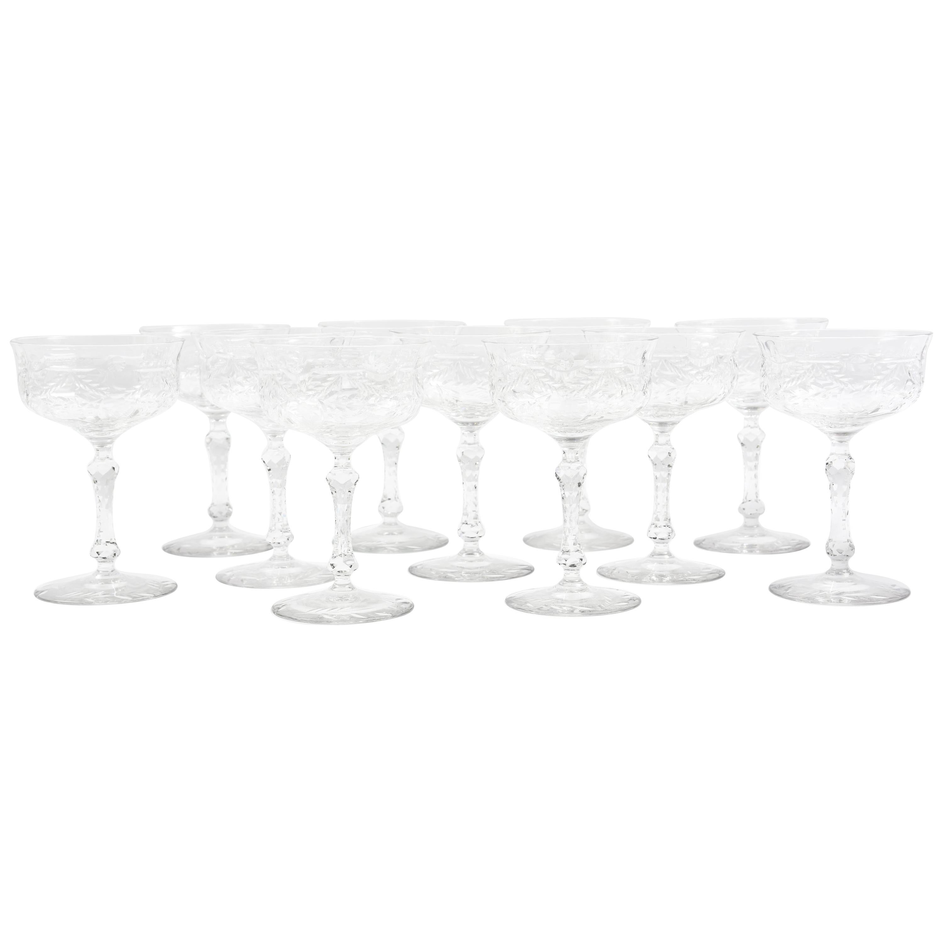 Eleven Champagne Coupes, Antique American with Jewel Knob Stems