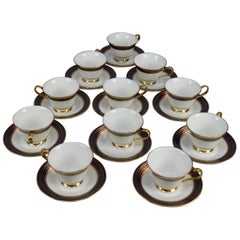 Eleven Cobalt & Gilt Oxford Bone China Porcelain Tea Cups & Saucers, Cortina