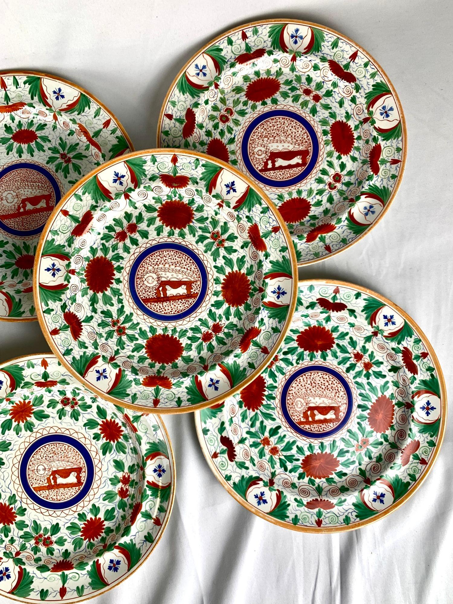 Creamware Eleven Crazy Cow Dinner Plates Hand Painted by Minton England Circa 1820