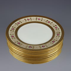 Eleven English Cauldon Hand Painted & Gilt Decorated Dinner Plates, 20th Century