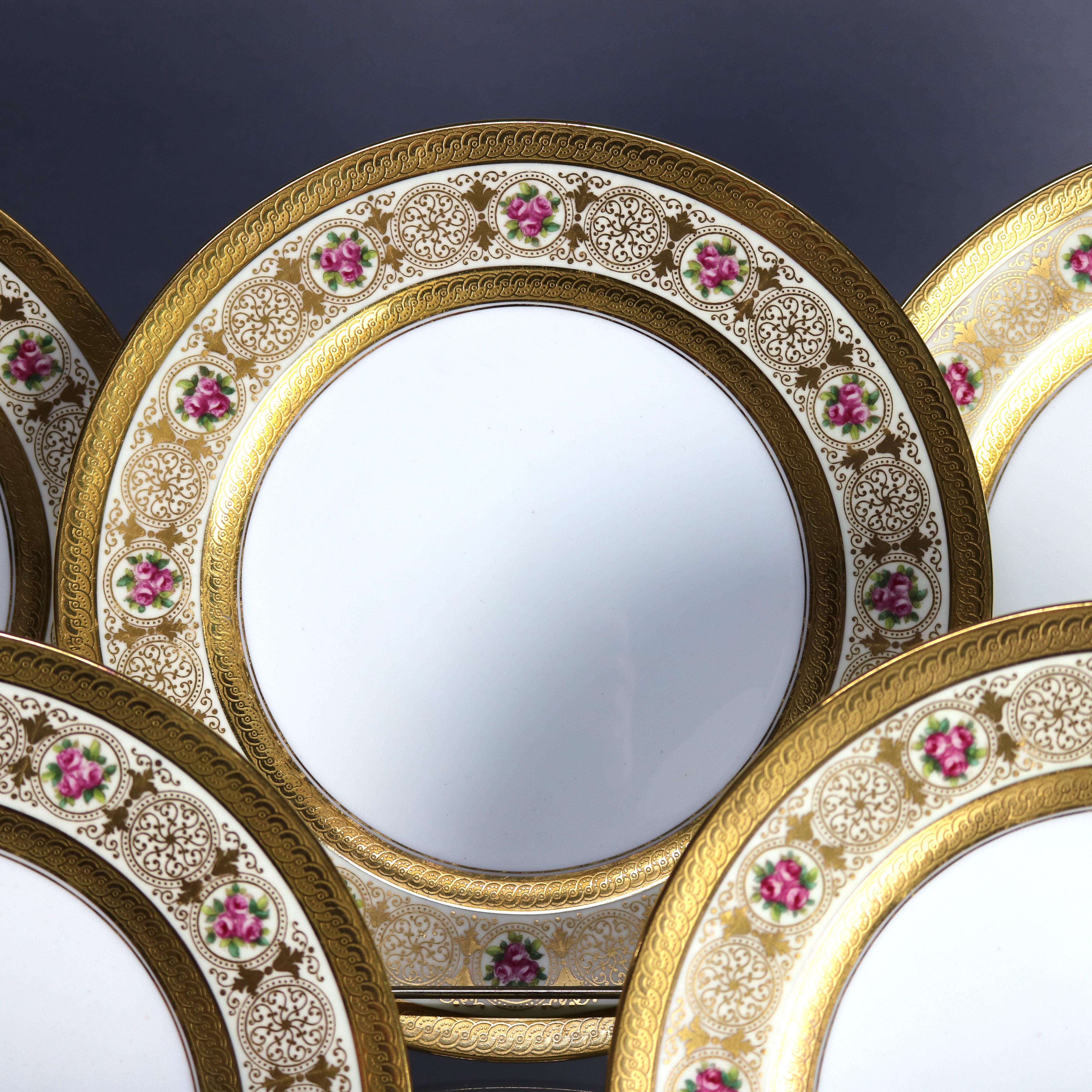 Eleven English Cauldon Hand Painted & Gilt Decorated Dinner Plates, 20th Century In Good Condition In Big Flats, NY
